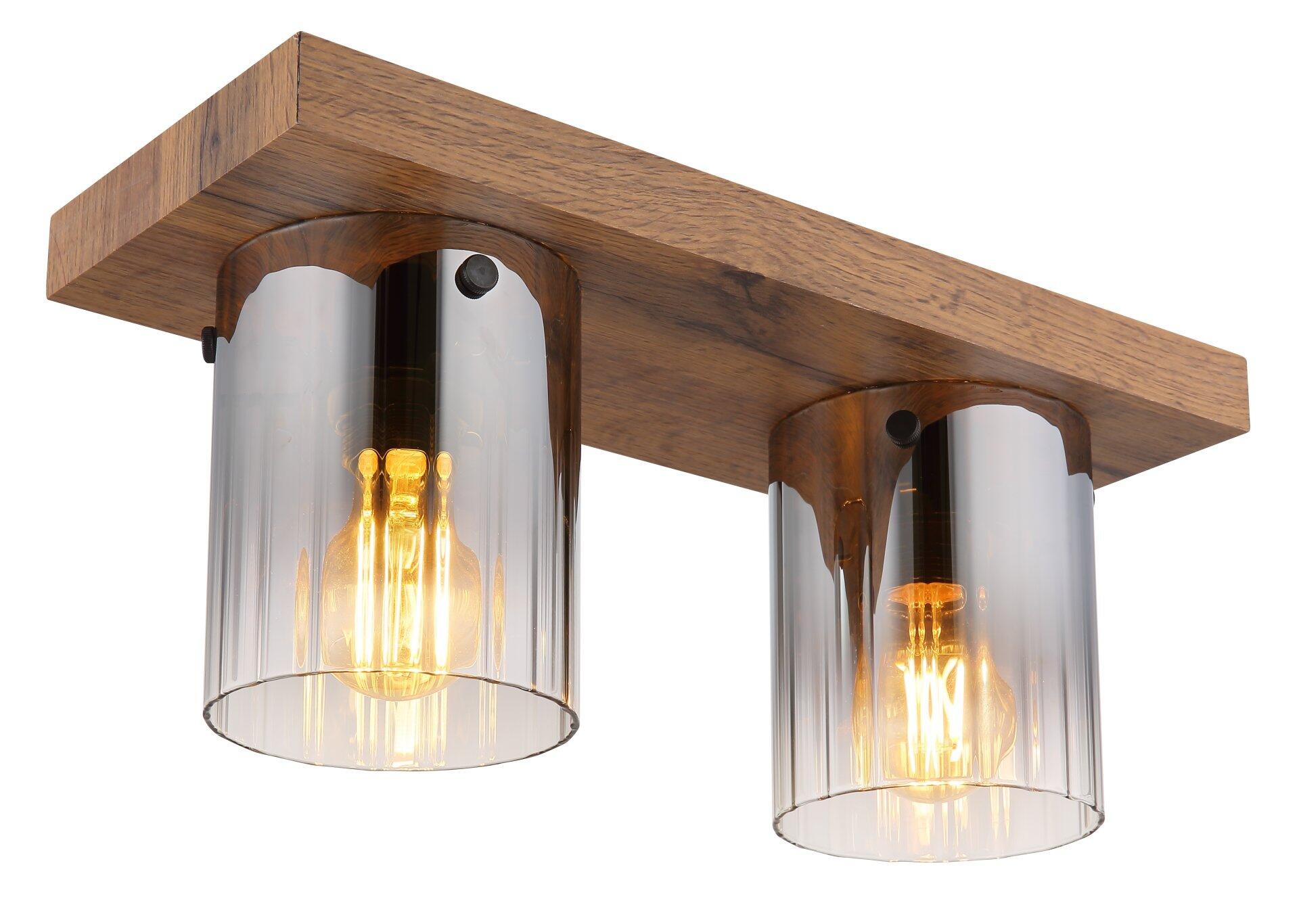 Deckenleuchte UNDERWOOD mit rechteckiger Holzkonstruktion und zwei Edison-Glühbirnen in getönten Glaszylindern, die einen warmen Lichtschein nach unten abstrahlen.