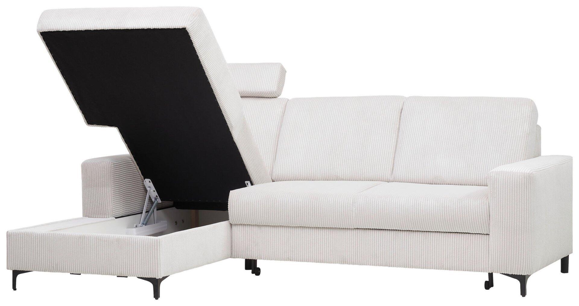 Ecksofa Balina mit ausgeklappter Liegefläche und Mechanismus, seitliche Ansicht.