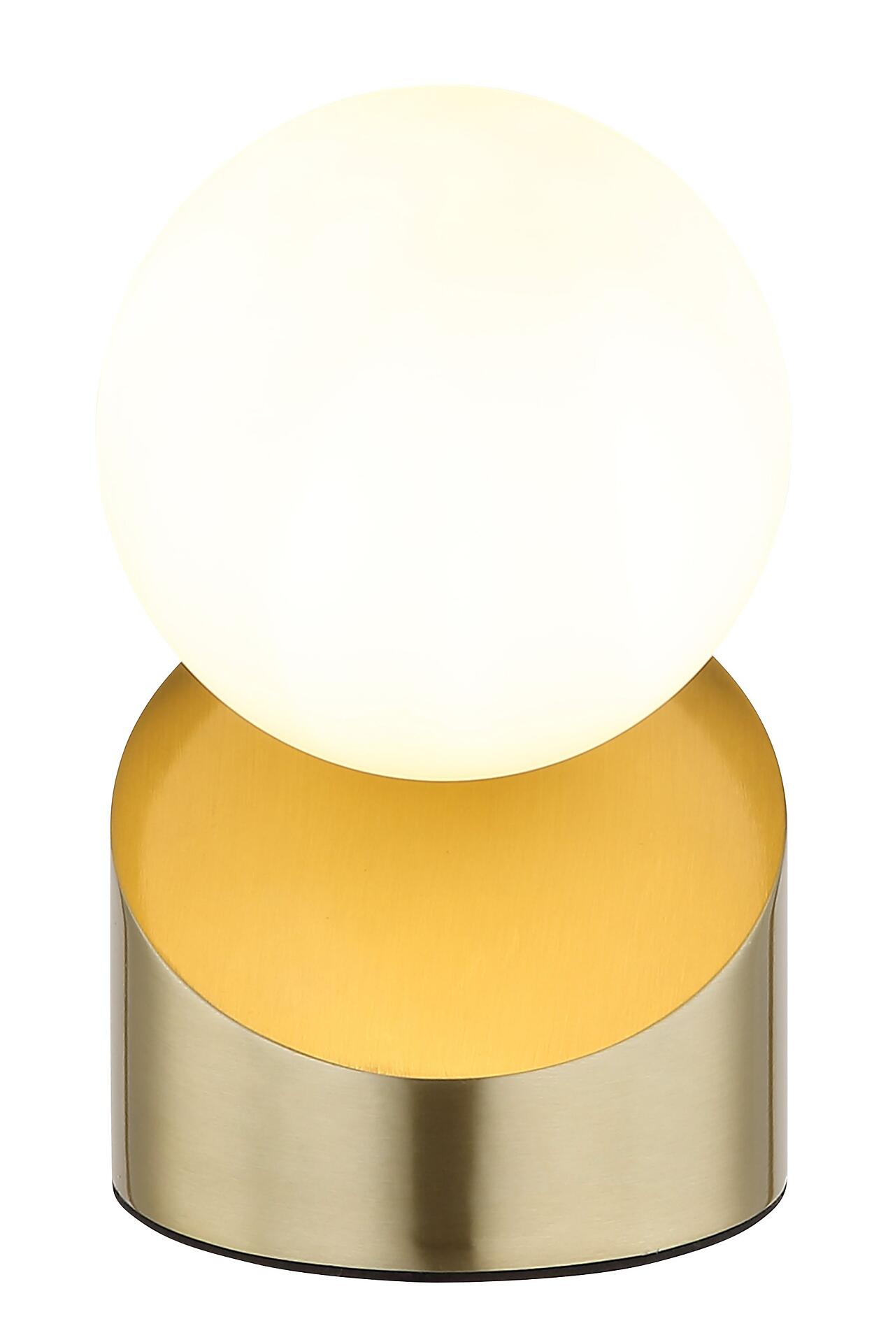 Tischleuchte ALISA mit goldfarbenem Sockel und runder Glasglaskugel, die durch Touch-Funktion ein- und ausgeschaltet werden kann.
