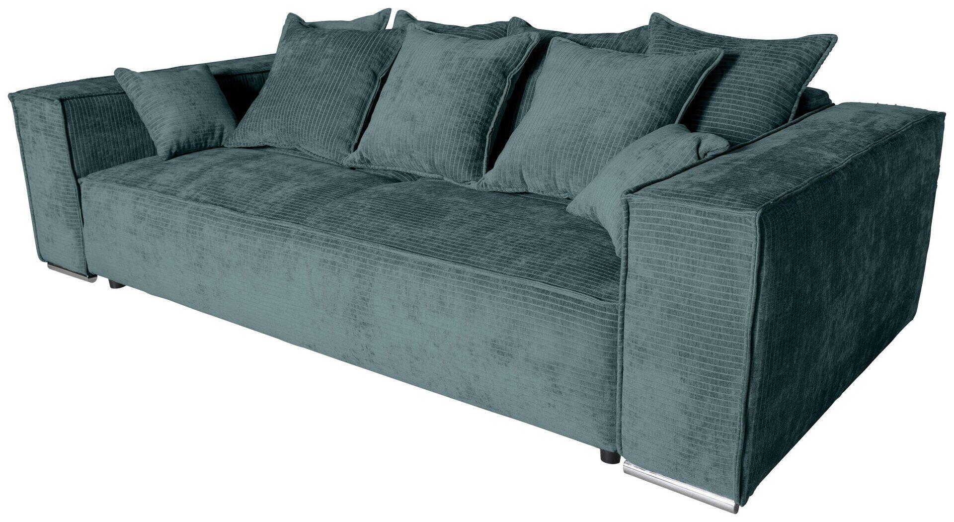 Bigsofa Sky: Dunkelblaue Eckcouch mit geometrischer Form, strukturiertem Stoffbezug und chromfarbenen Metallfüßen.
