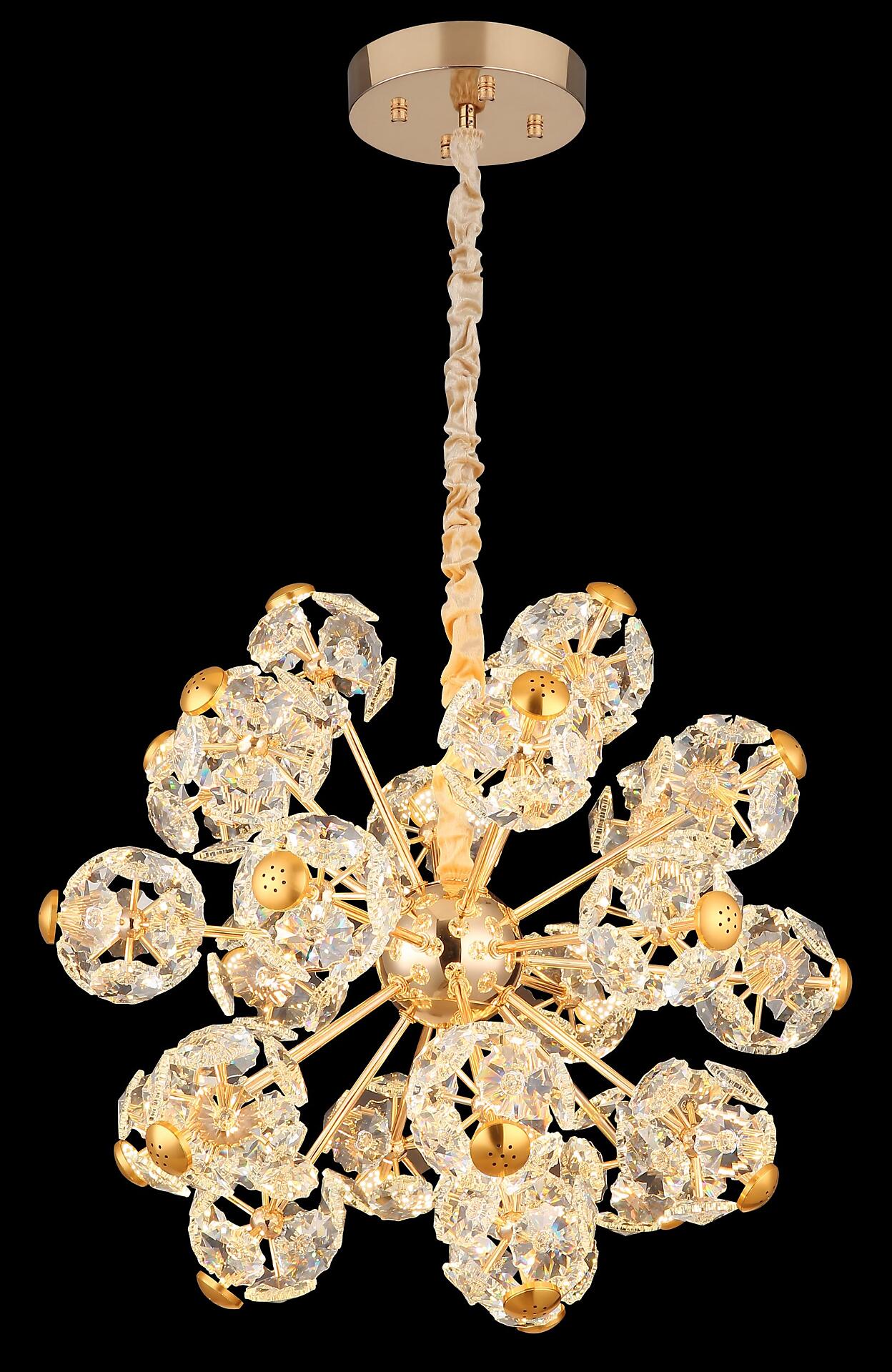 Opulente Hängeleuchte FLORIELLA mit goldfarbenem Deckenhalter, wellenförmigem Stoffstreifen und strahlenförmig angeordneten goldenen Ästen, an denen zahlreiche Kristallblüten befestigt sind, aufgenommen aus einer leicht unterhalb liegenden Perspektive.