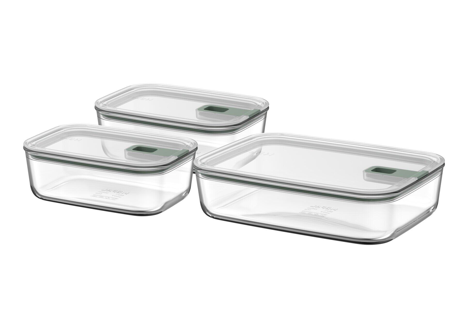 Zwei Frischhaltedosen Easyclip aus Glas mit transparentem Deckel und dunkelgrünem Einsatz, frontal und leicht von oben fotografiert, nebeneinander auf weißem Untergrund dargestellt.