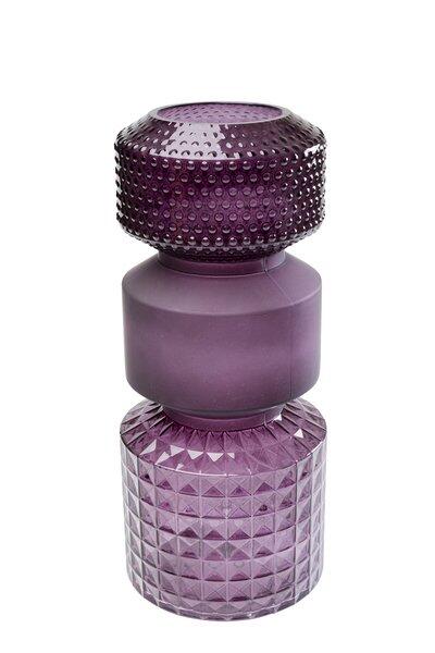 Vase Marvelous Duo Pink: Mundgeblasene Glasvase aus drei übereinander gestapelten Elementen mit geometrischem Kelchmuster, glattem Zylinderkörper und noppiger konischer Schale.