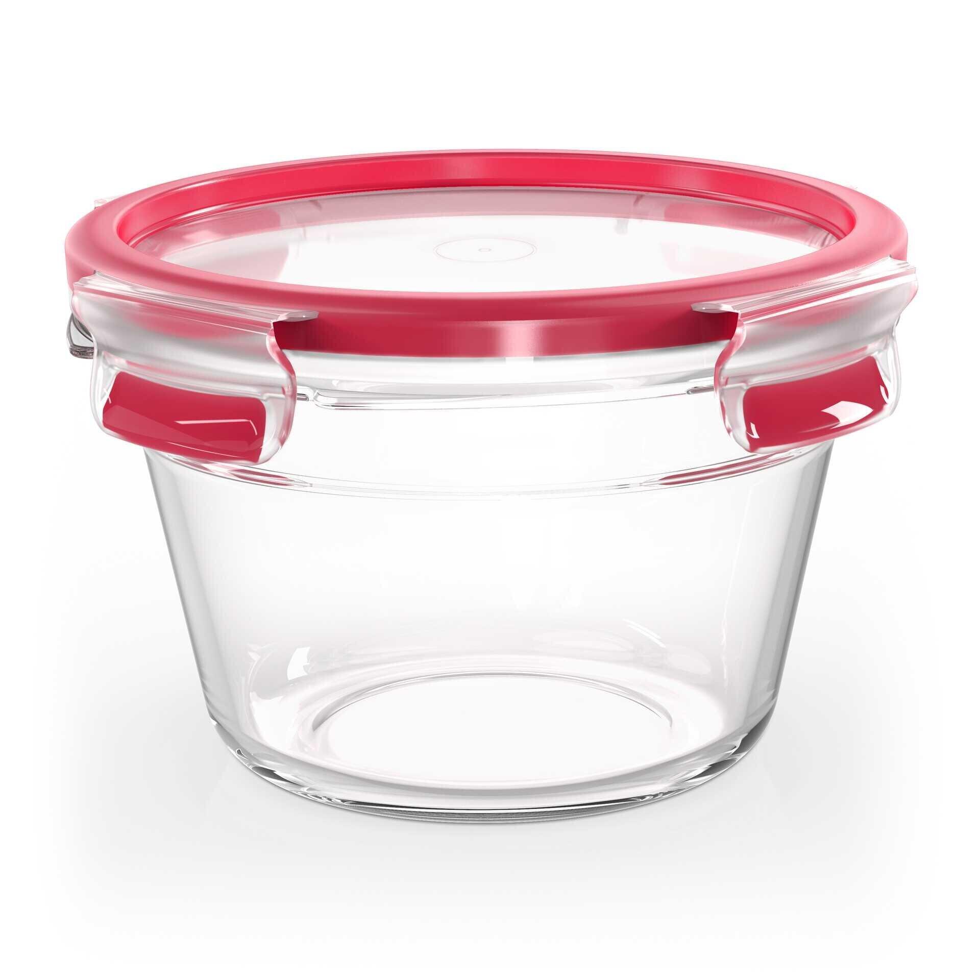 Clipdose Glas, Clip & Close Glas: Transparente, runde Aufbewahrungsbox mit rotem Kunststoffdeckel und zwei durchsichtigen Verschlüssen, frontal abgebildet.