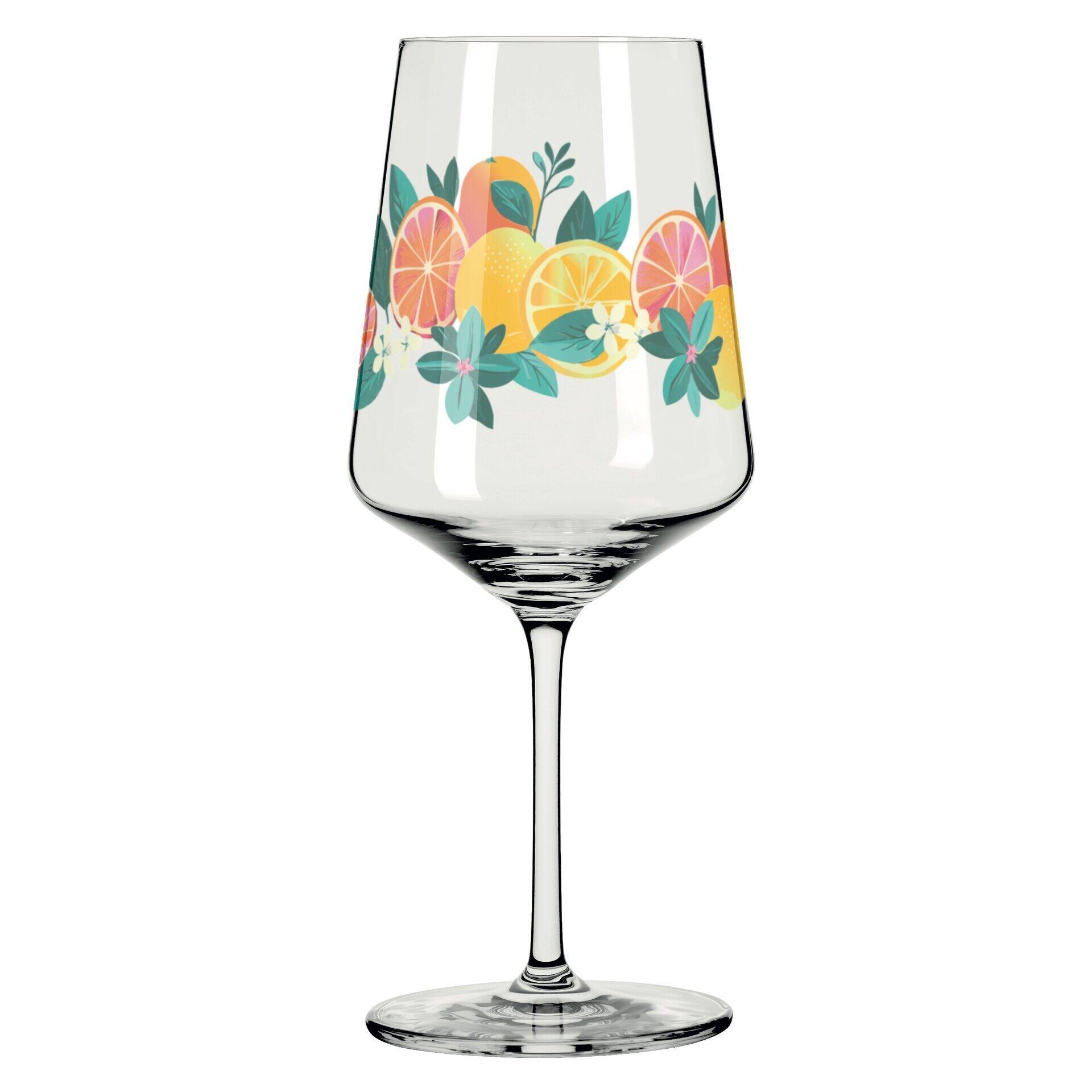 Aperitifglas-Set mit detailliertem Motiv aus Zitrusfrüchten, dargestellt in einem frontalen Porträtformat, das die schlanke Form und den hohen Stiel des Glases betont.