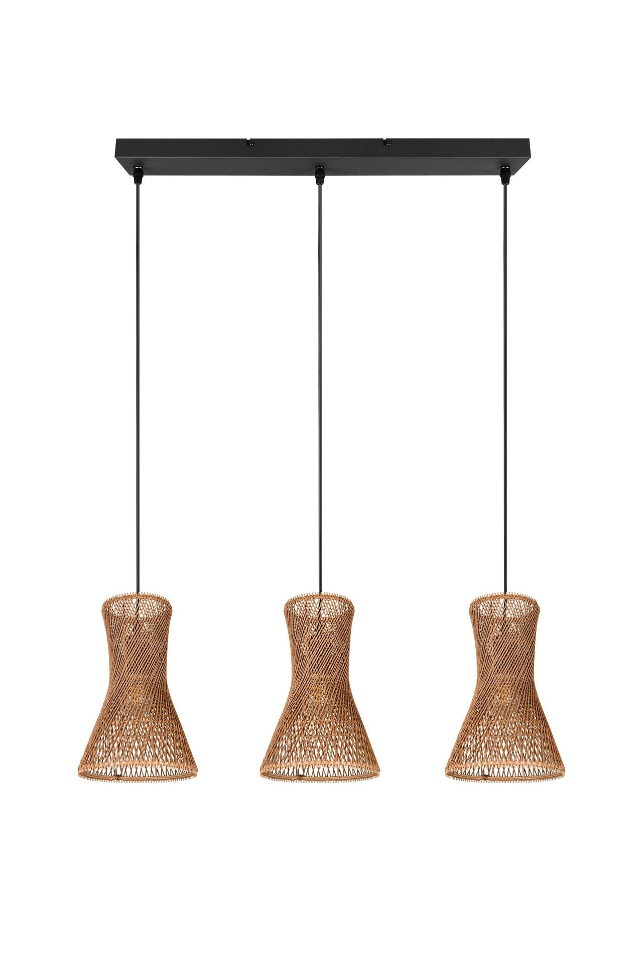 Drei Bijou Pendelleuchten aus gewebtem Material in trichterförmiger Form, befestigt an einer schwarzen Metallplatte, zeigen die dekorative Anordnung und die Details der Lampenschirme.