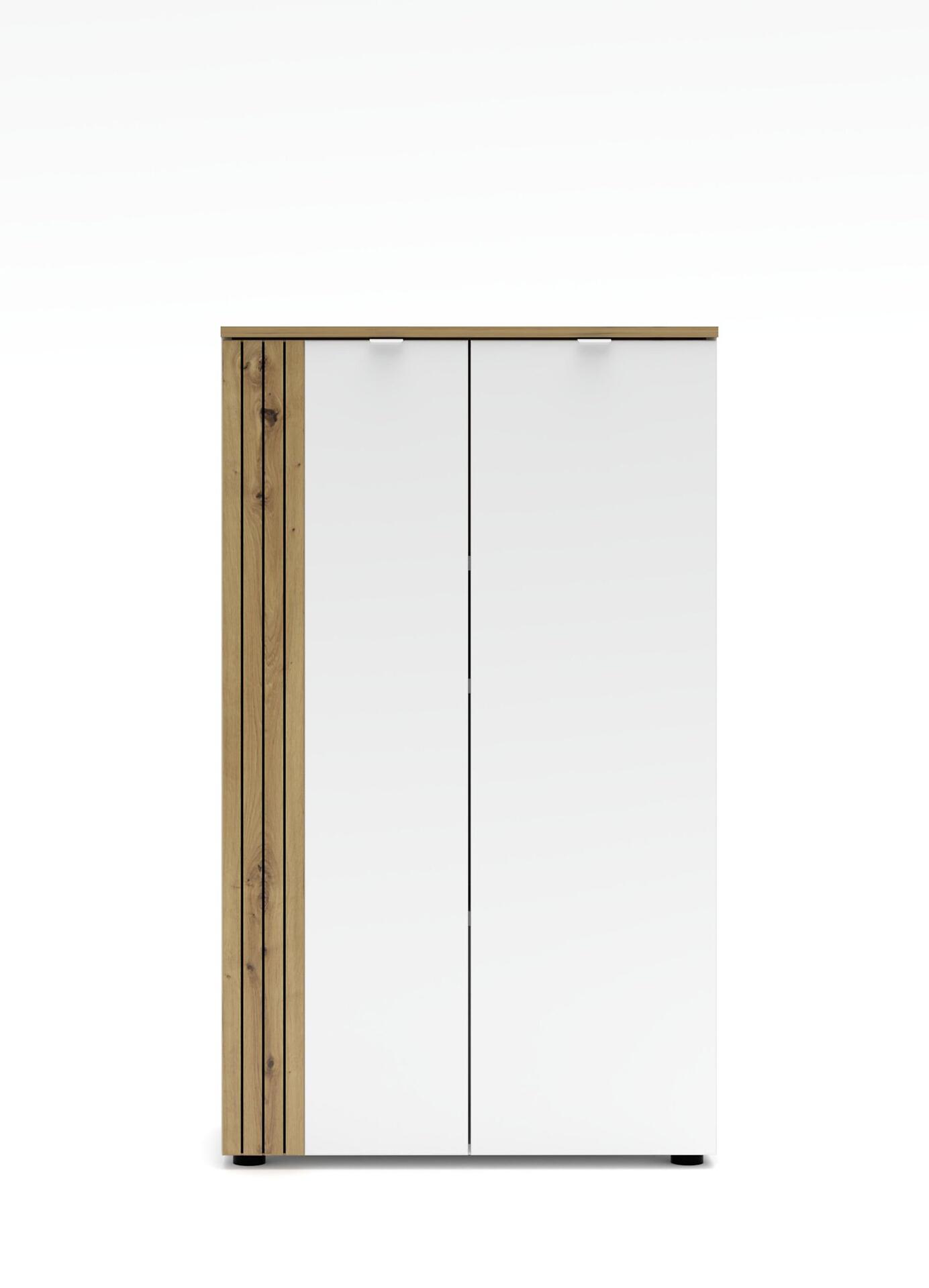 Büroschrank Diana mit weißen, superglänzenden Türen und Artisan-Eichen-Furnierleisten sowie silberfarbenen Griffleisten, dargestellt in Frontalperspektive.