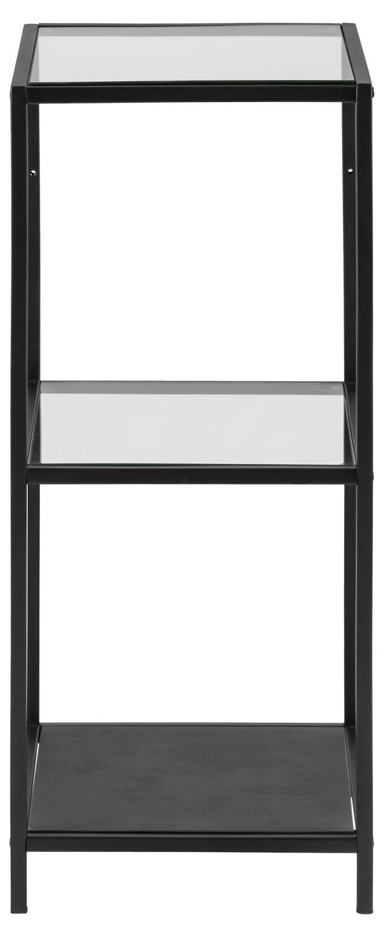 Seaford Regal: Hockerregal mit drei transparenten Glasböden und schwarzem Metallgestell aus Vogelperspektive.