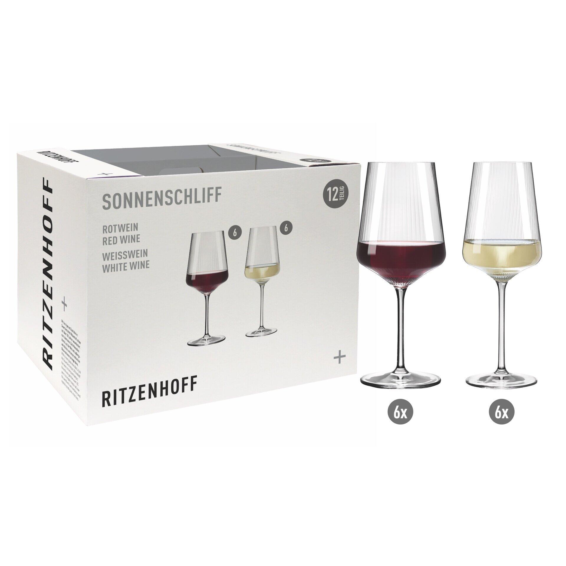 Weinglas-Set mit sechs Rotweingläsern und sechs Weißweingläsern, dargestellt mit unterschiedlichen Kelchformen, schlanken Stielen und Fuß auf weißem Hintergrund, inklusive Geschenkbox mit Produktbezeichnungen.