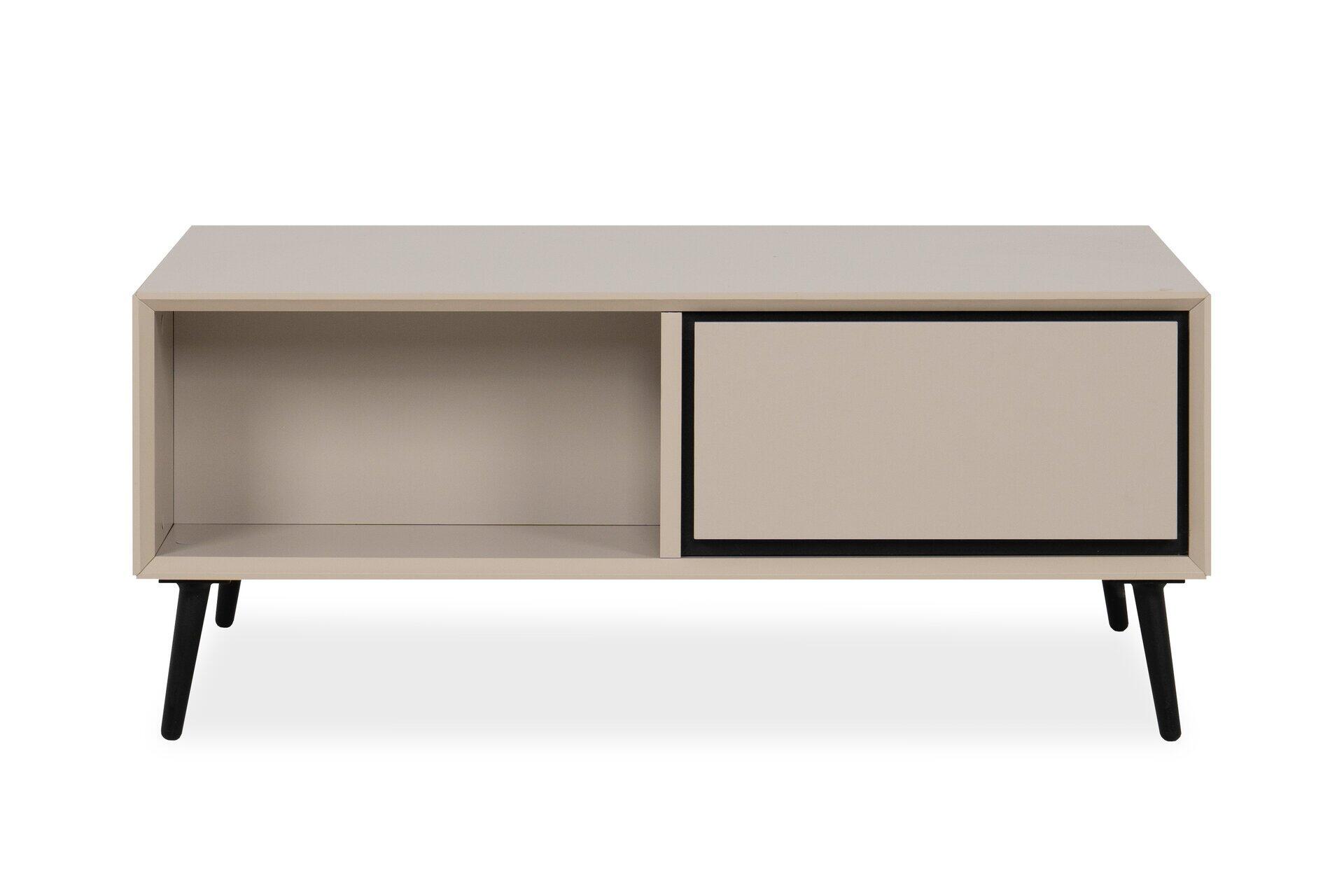 Couchtisch Arona 55A mit Rundfuß, einer Schublade mit schwarzem Griff und einer offenen Ablagefläche, abgebildet in Frontalperspektive.