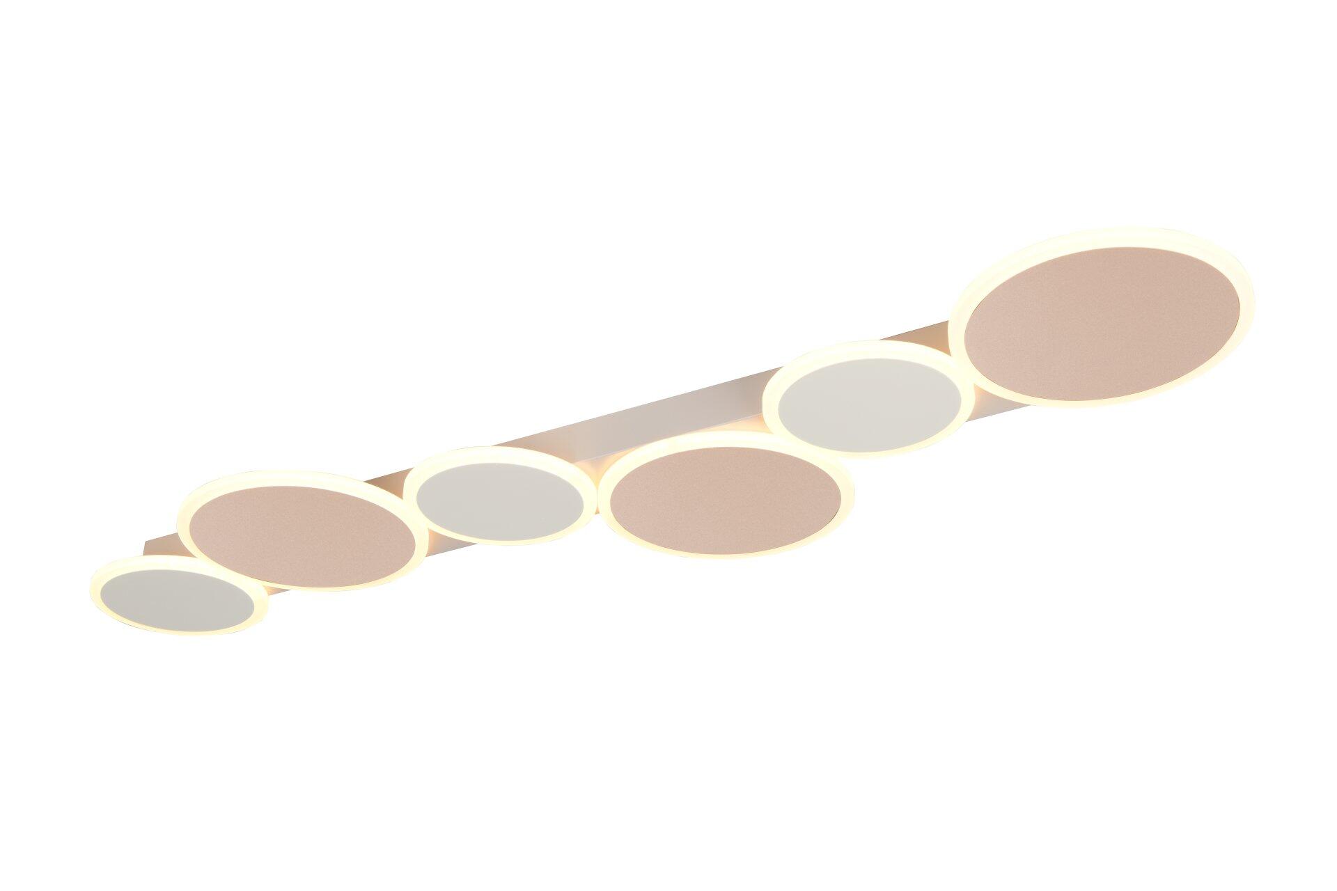 Moderne Deckenleuchte Ovela mit ovalen, ineinander verschachtelten Elementen in Weiß und Creme, die in Seitenansicht an einer Wand angebracht ist.