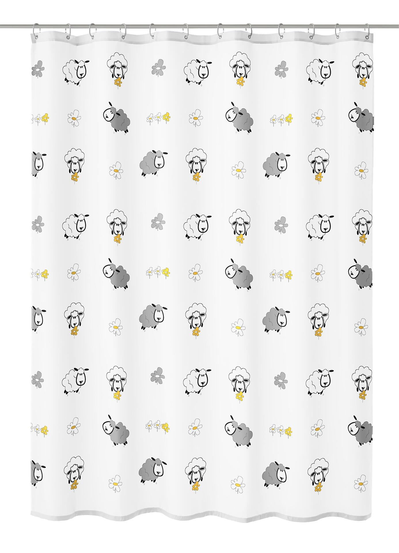 Duschvorhang TXT, Sheep: Multicolor-Duschvorhang mit verspieltem Muster aus grauen Schafen, gelben Blumen und einer Metallvorhangstange.