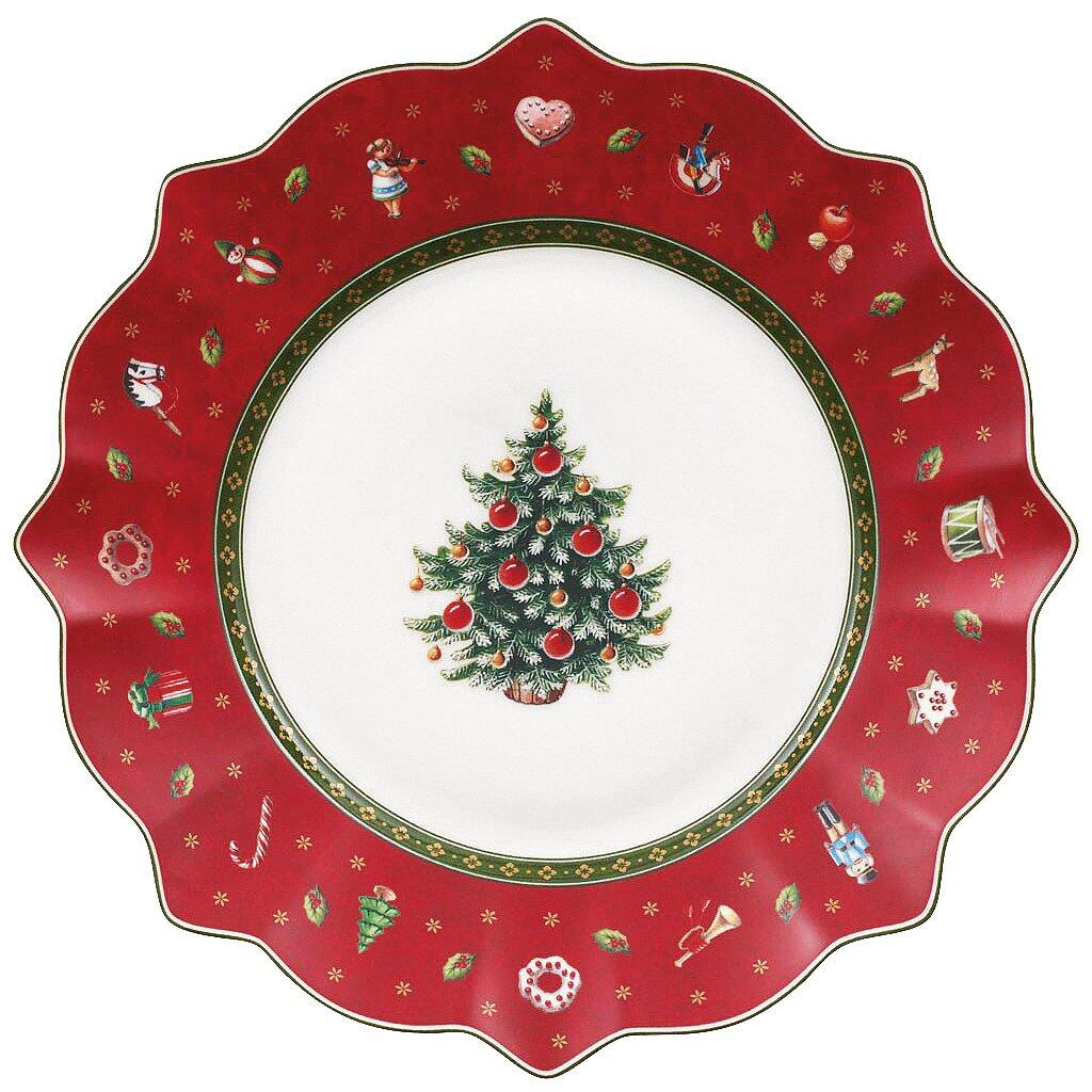 Weihnachtlicher Frühstücksteller rot von Toy's Delight mit gewelltem Rand und aufgemaltem Weihnachtsbaum im Zentrum.