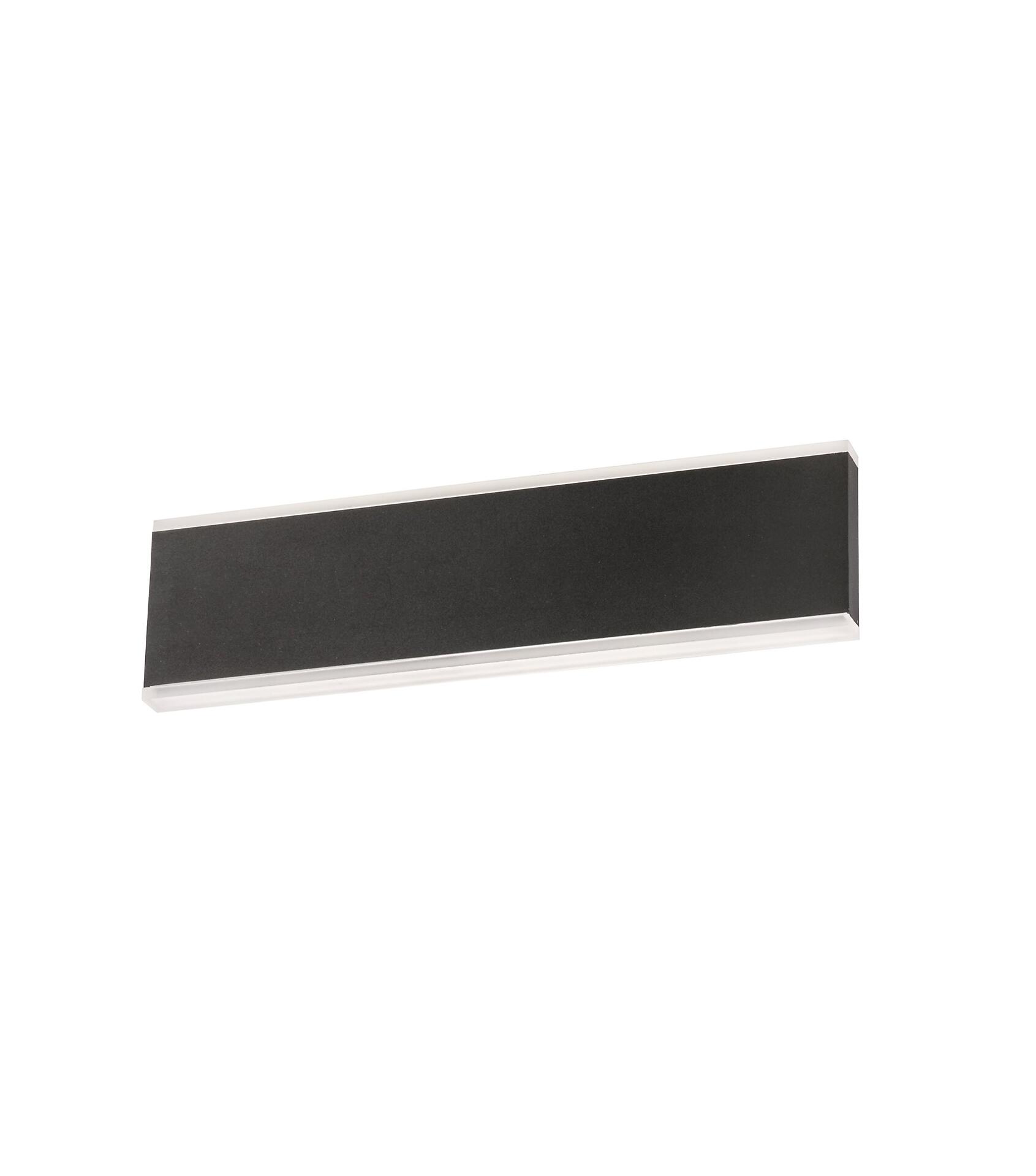 Wandleuchte Muur, rechteckiges schwarzes Acryl-Brett mit weißem Rand, frontale Ansicht.