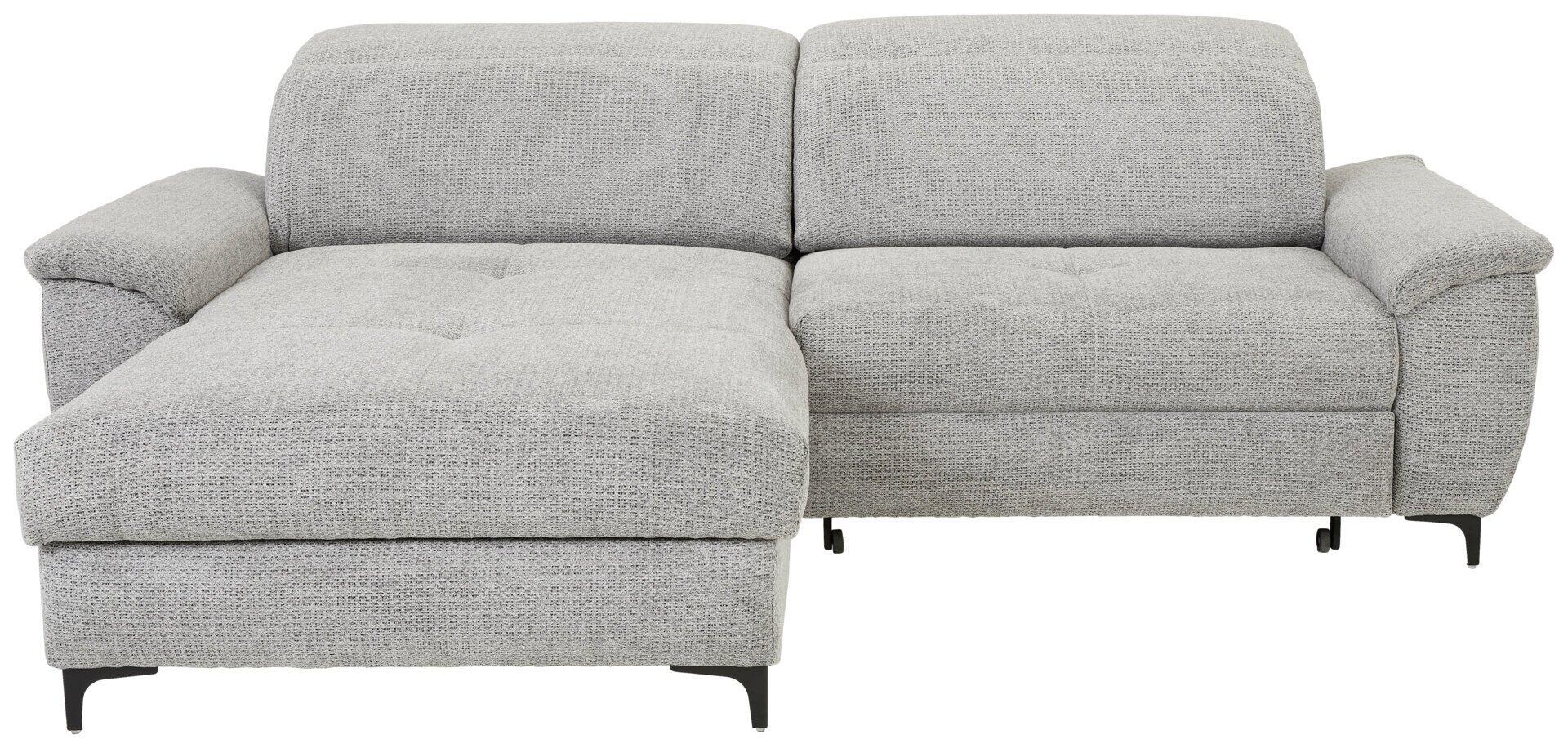 Graues Retro-Ecksofa mit abgerundeten Armlehnen, Winkelfüßen und verstellbarer Rückenlehne, die zur Schlaffunktion genutzt werden kann.