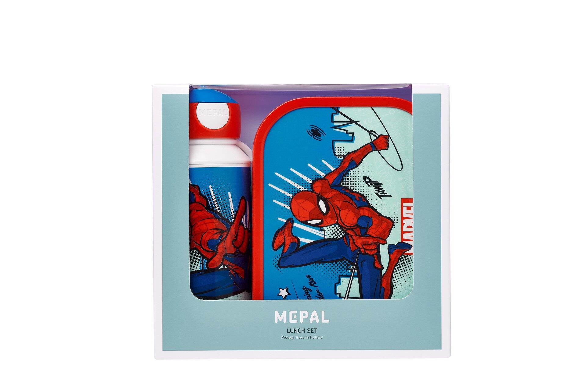 Lunchset Campus mit Spider-Man-Design in transparenter Verpackung, bestehend aus Bento Box, Trinkbehälter und Servietten.