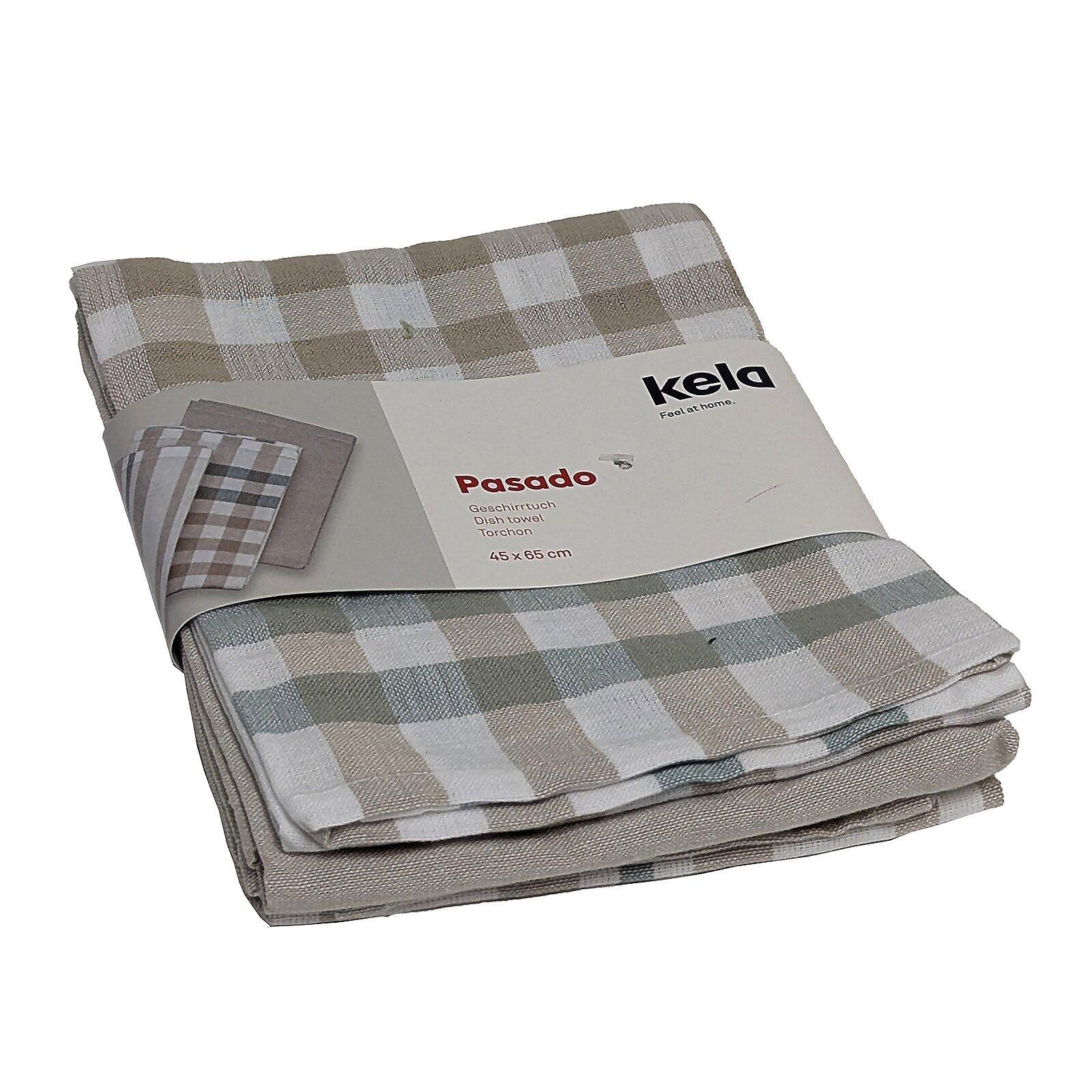 Gestapeltes Set "Pasado" Geschirrtücher mit Karomuster in hellgrau und weiß, verpackt in Folie, mit Logo und Abmessungen 45 x 65 cm.