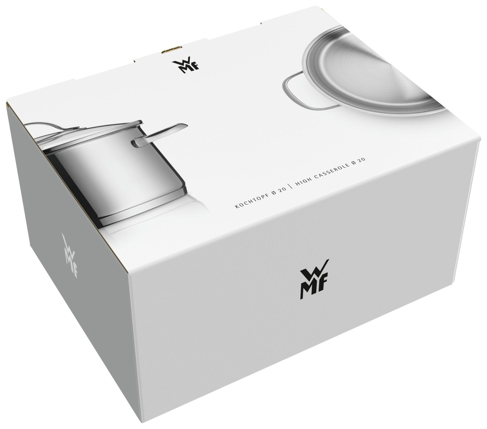 Fleischtopf Provence Plus von WMF mit Deckel, Ø 20 cm, in weißer Produktverpackung, aus Metall mit glatter Oberfläche und gebogenem Griff.