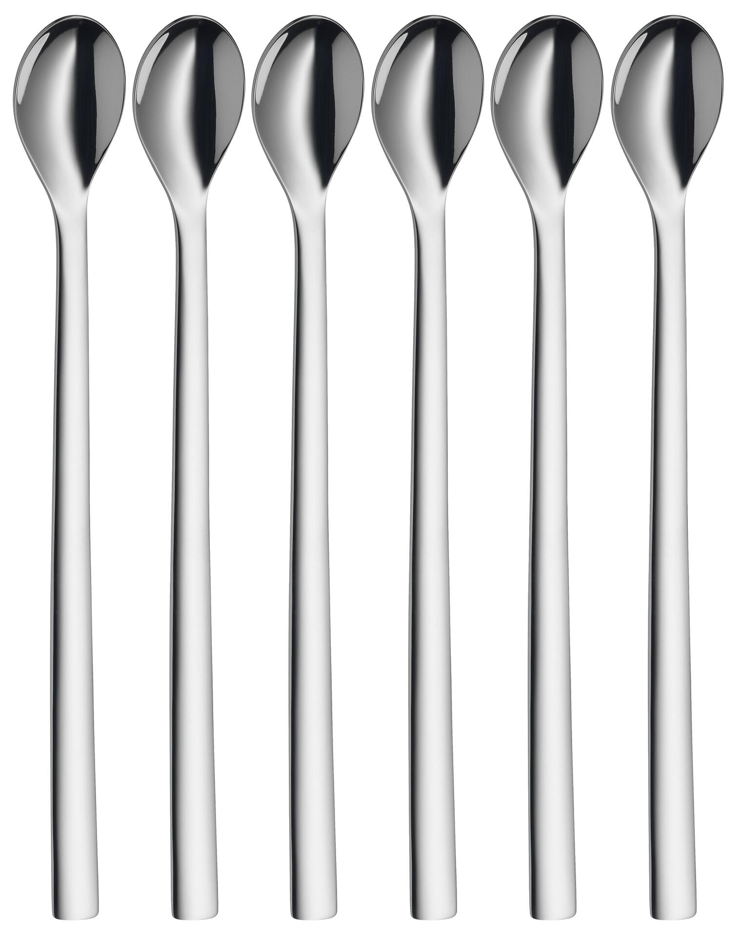 WMF Longdrinklöffel-Set Nuova: Sechs silberne Longdrinklöffel in frontalem Blick, mit elegant geschwungenem Kopf und geradem Stiel.