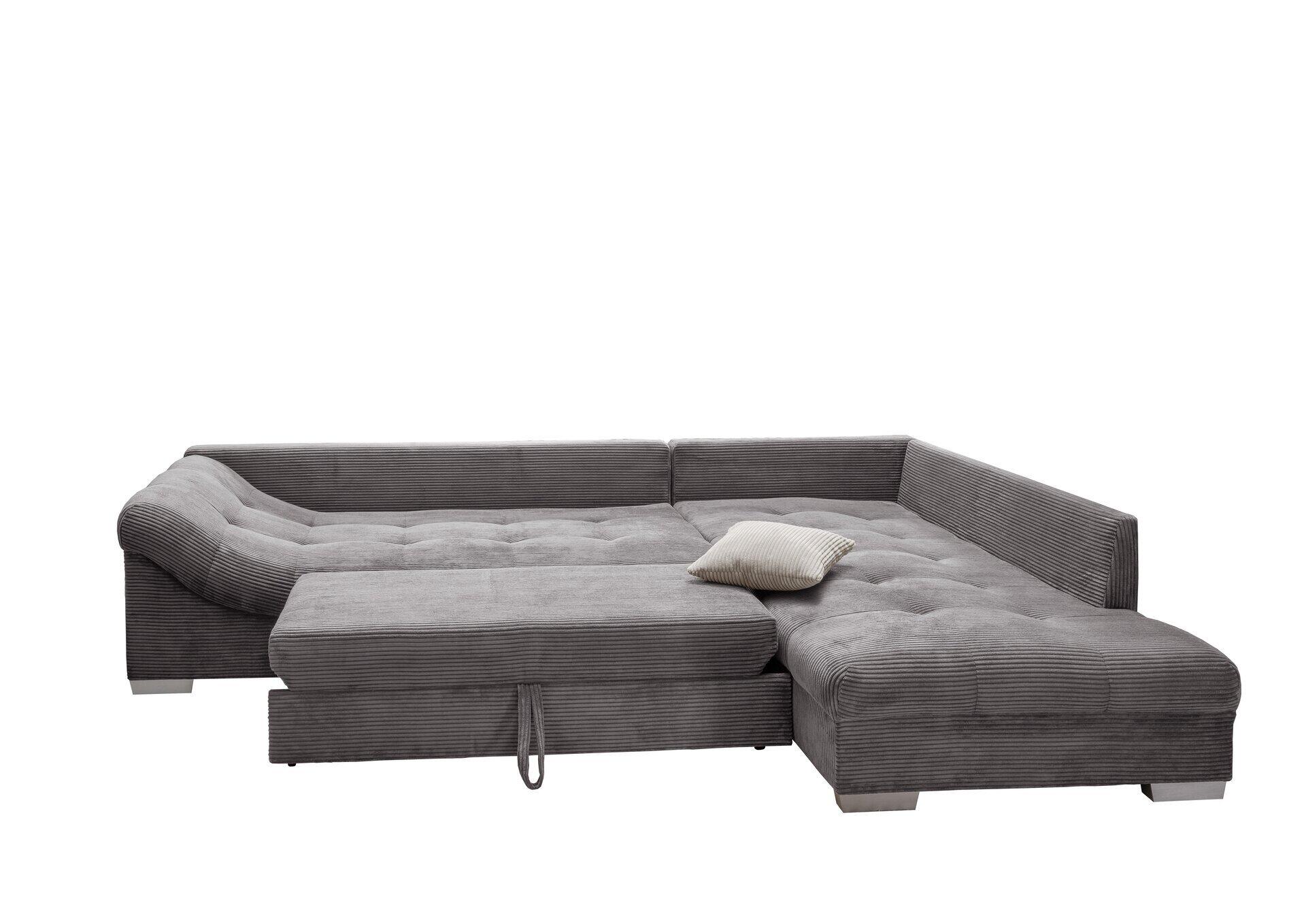 Ecksofa Alvito mit Cordbezug und ausgeklappter Schlaffunktion, Blickwinkel frontal und leicht erhöht, zeigt die Gesamtform und Details des Sofas.