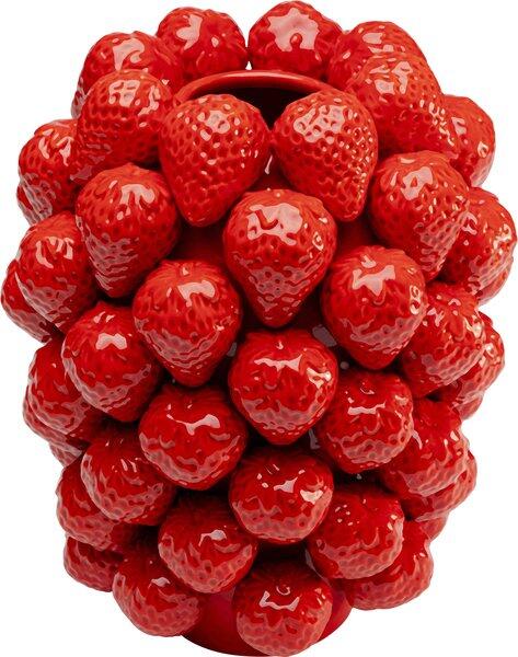 Rote, sphärische Lampe "Strawberries Rot" aus Porzellan mit reliefartiger Oberfläche, bedeckt von stilisierten Erdbeeren, aus frontaler Perspektive.