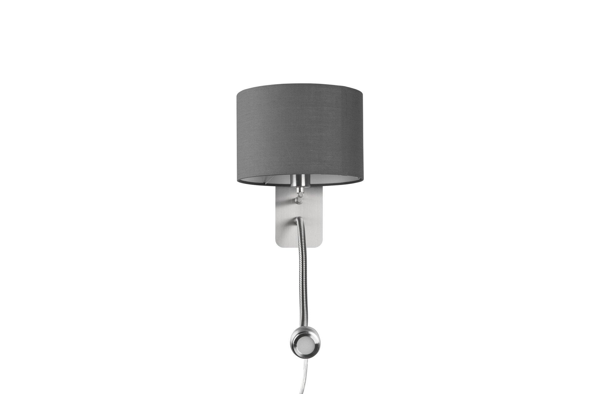 Wandleuchte "Hotel" mit grauem Stoffschirm und flexiblem, silberfarbenem Arm zur individuellen Ausrichtung.