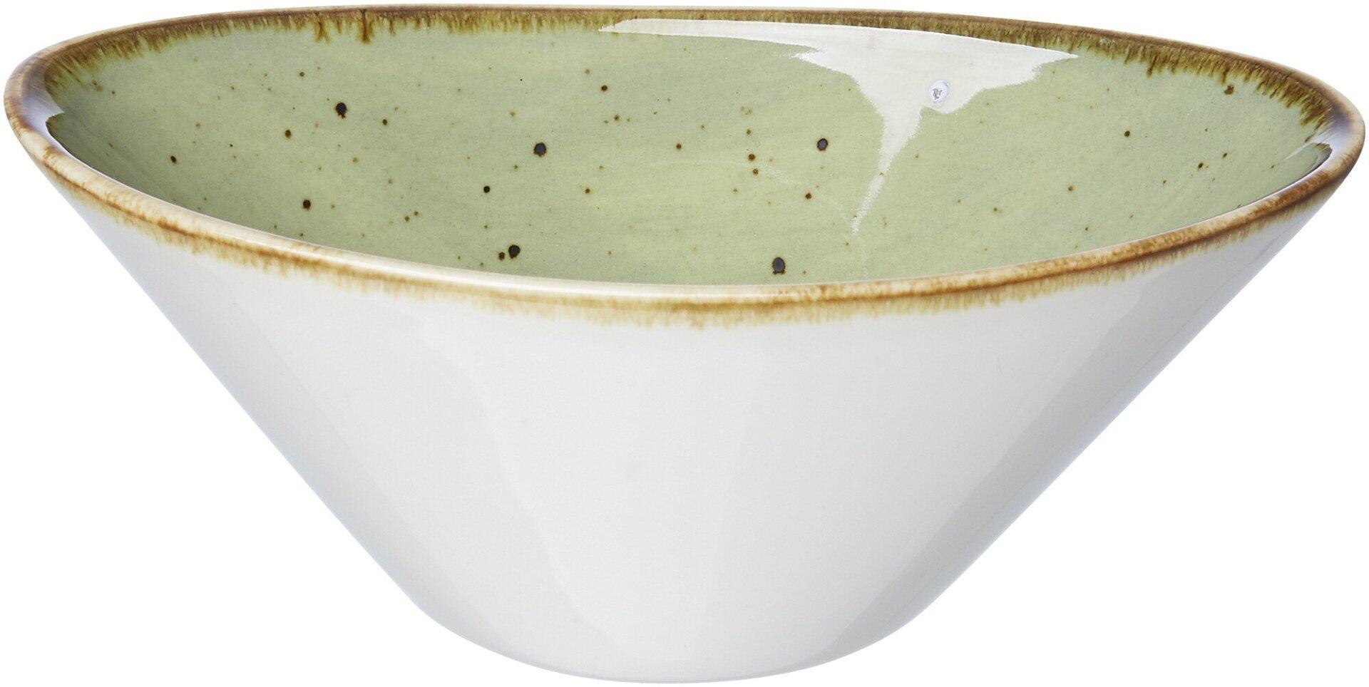 Keramische Schale Romo von Ritzenhoff & Breker, oval geformt und in hellgrün-cremefarbener Farbgebung mit rustikalen dunkleren Flecken und hellem Rand.