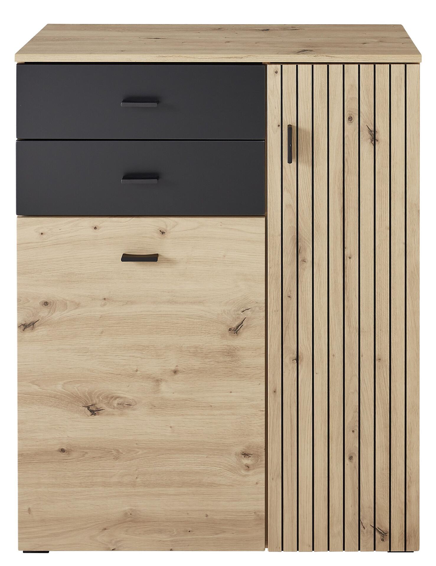 Schuhschrank Buffalo mit Artisan Eiche MDF und schwarz matt MDF Front, zwei Schubladen mit Griffen auf der linken Seite und einer Tür mit Lamellenverkleidung auf der rechten Seite.