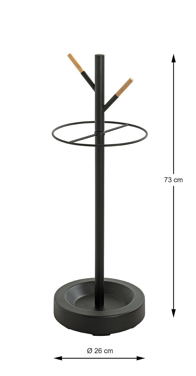 Schirmständer 52551 mit schwarzem Stahlrohrfuß, hochziehbarem Stiel, Metallring und drei Kleiderbügel mit Holzgriffen für Taschenschirme.