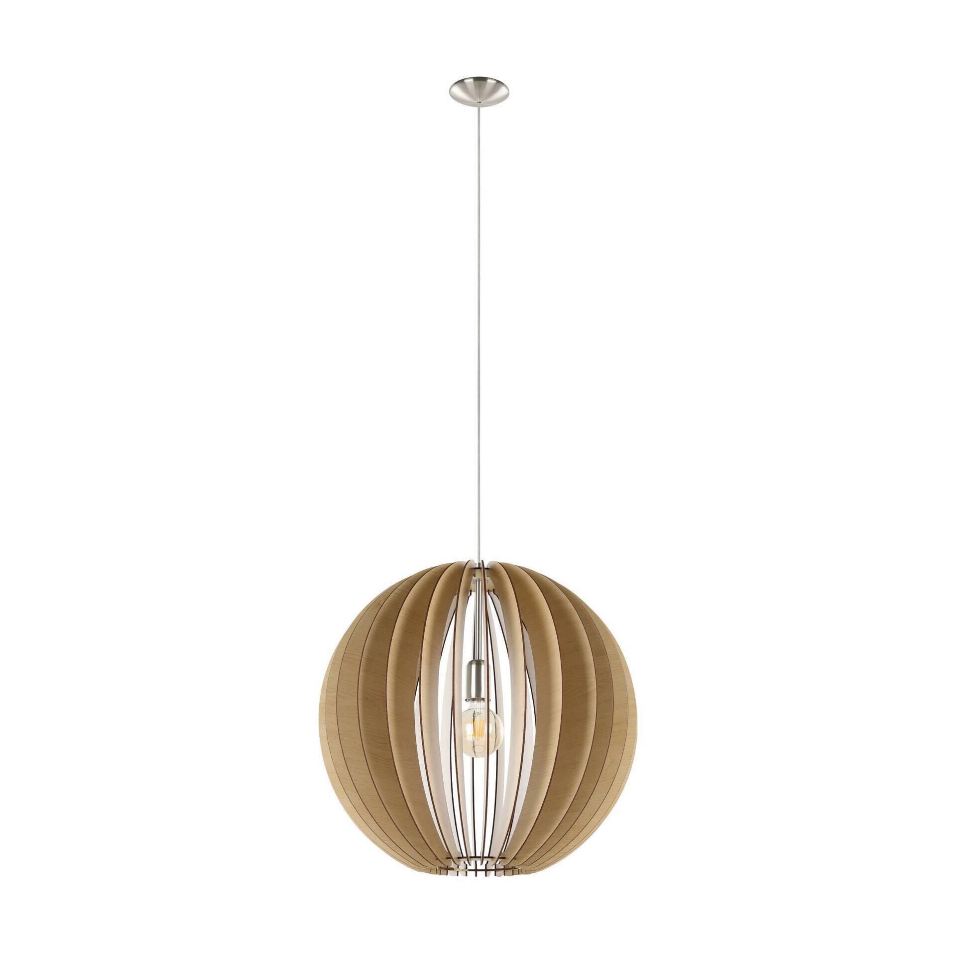 Pendelleuchte Cossano mit rundem Lampenschirm aus Holzlamellen und Edison-Glühbirne, dargestellt in einer Frontalperspektive.