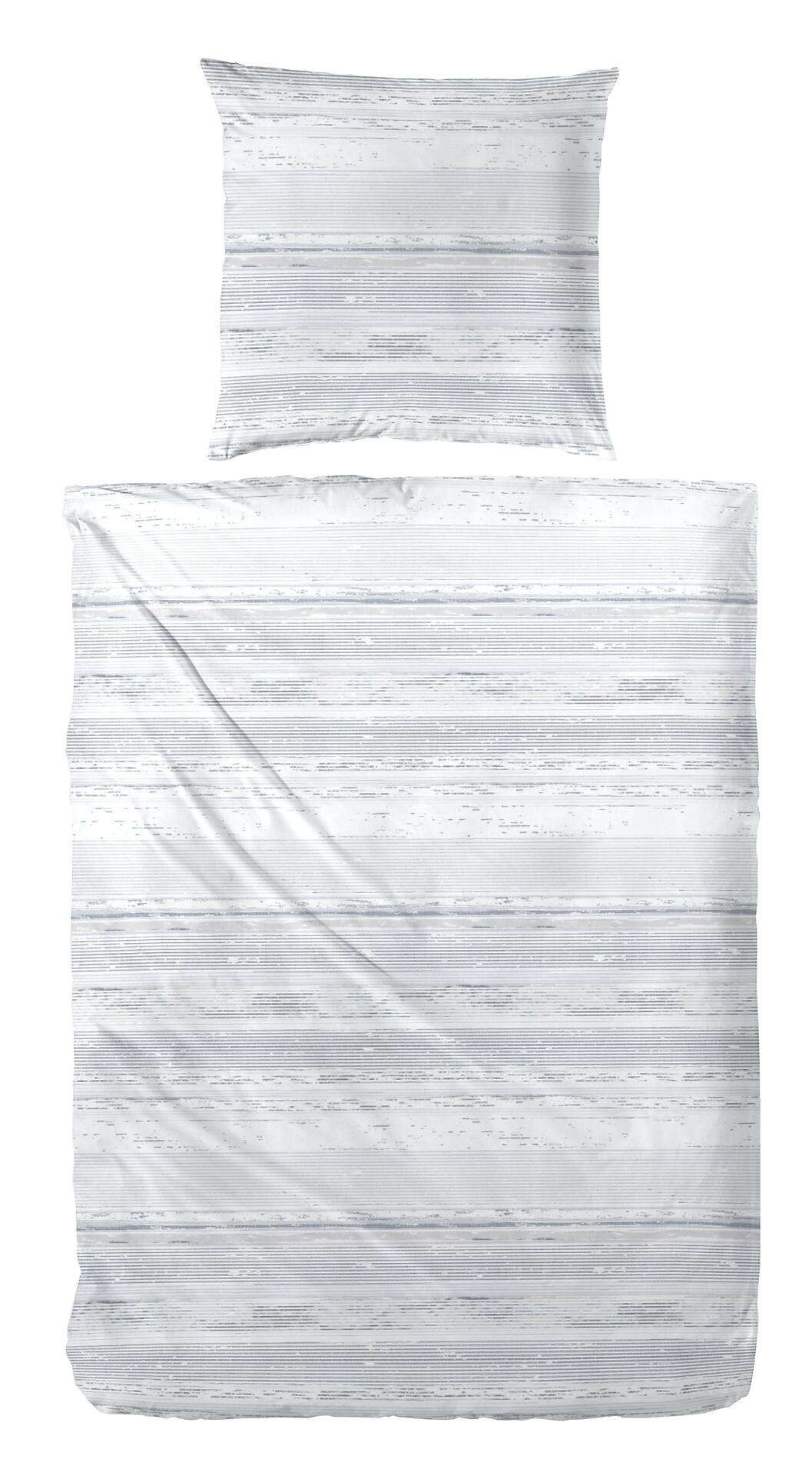 Mako-Satin-Bettwäsche mit weiß-grauen Streifenmuster und Reißverschluss, detaillierte Draufsicht auf Bettbezug und Kissenbezug.