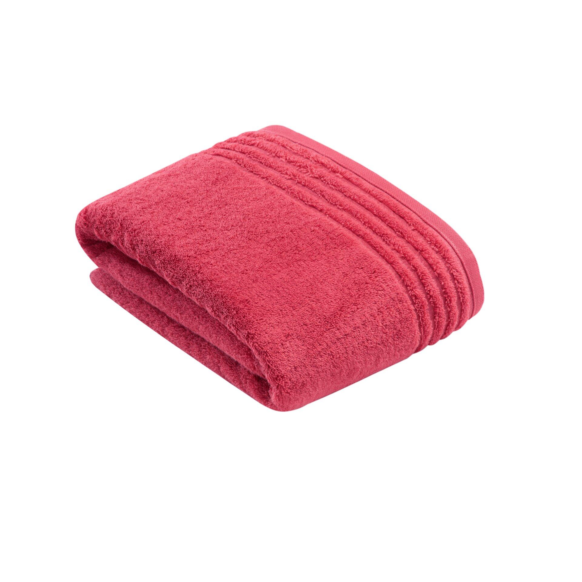 Pinkfarbenes ViennaStyleSupersoft Badetuch aus weicher Baumwolle, in der Vogelperspektive gefaltet auf weißem Untergrund liegend, zeigt die strukturierte Oberfläche und die Faltlinien.