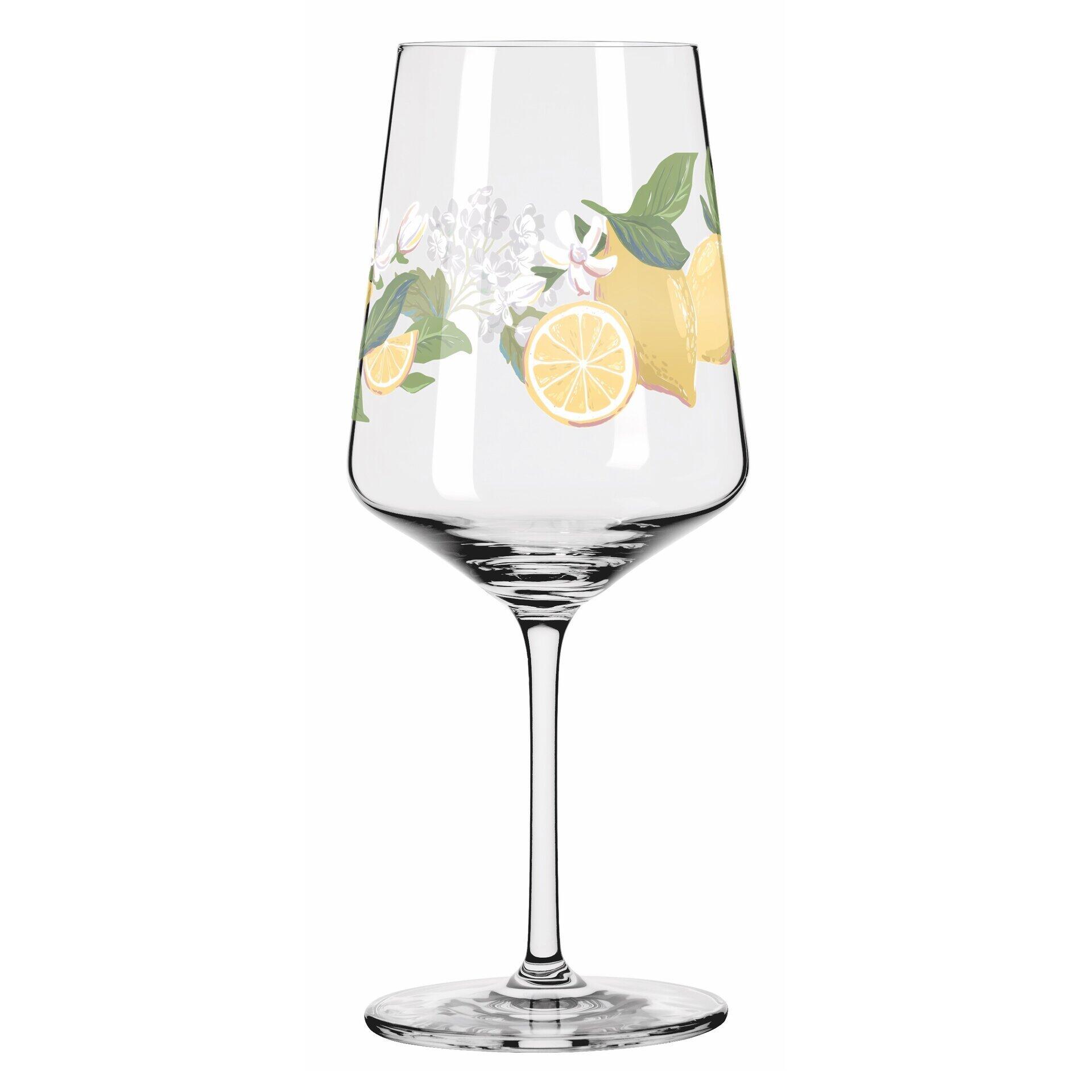 Ein einzelnes, langstieliges Champagnerglas mit floralem Dekor aus Zitronen, Zitronenblüten und Blättern im Aquarell-Stil, dargestellt im 3/4-Profil gegen weißen Hintergrund.