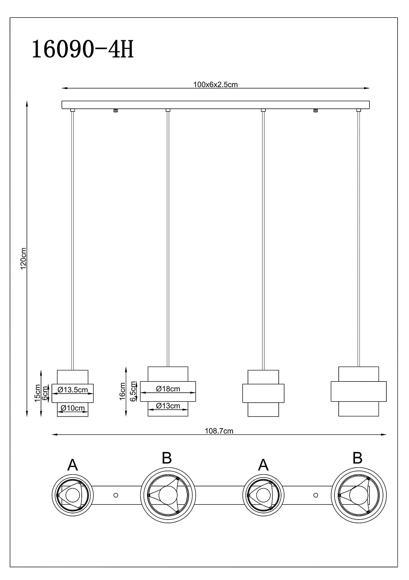 Technische Zeichnung der Hängeleuchte DAREN mit detaillierten Ansichten und Abmessungen der Basis, des Korpus, der Lampenköpfe (10-18 cm Durchmesser) und der Abschlussplatte.