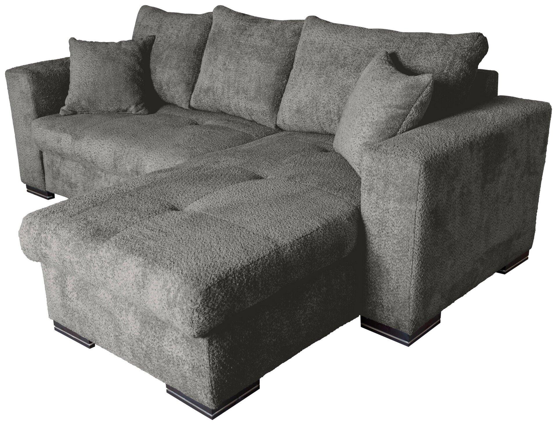 Ecksofa Malmo aus der Vogelperspektive mit hochgesetzten Rückenlehnen, drei Zierkissen und schwarzen Füßen.