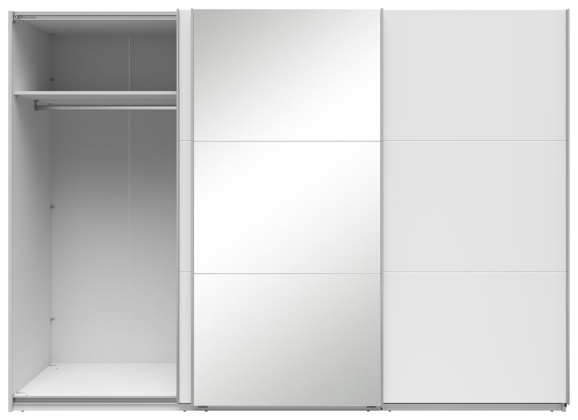 Schwebetürenschrank Neo mit weißem Dekor und Spiegelglass-Front, aus der Vogelperspektive mit geöffnetem linken Schrankteil und sichtbarem Regal.