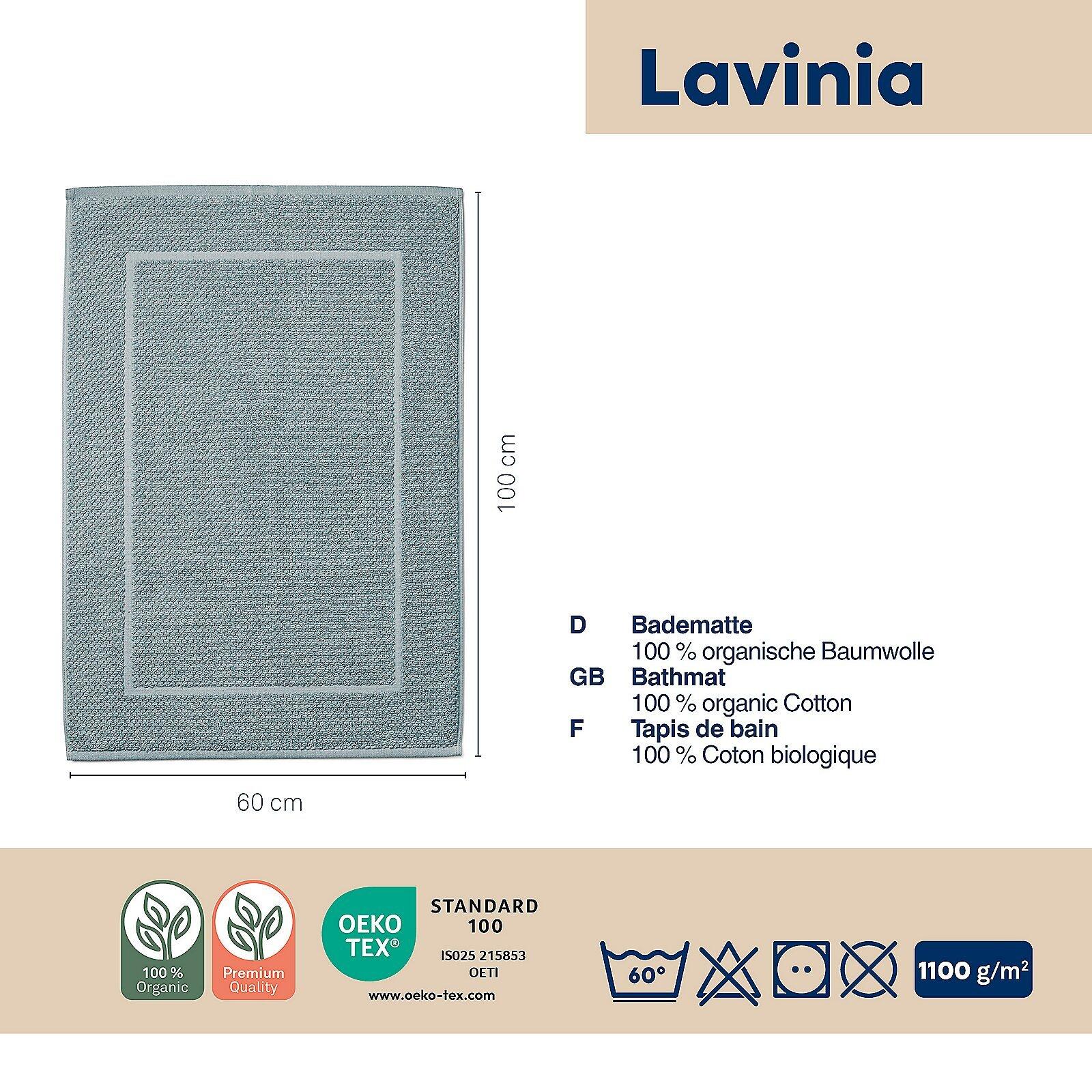 Graue, rechteckige Badvorleger Lavinia mit gewebtem Muster und Produktinformationen zu Material, Pflegehinweisen und Qualitätssiegeln.