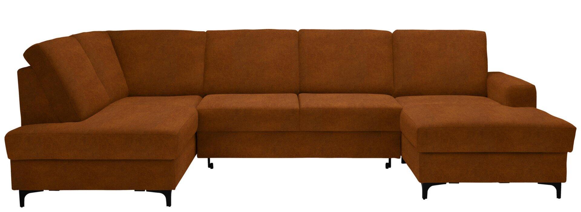 Wohnlandschaft Balina: Frontale Ansicht der dreiteiligen U-förmigen Couch mit segmentierten Rücken- und Sitzflächen sowie schwarzen Metall-Winkelfüßen.