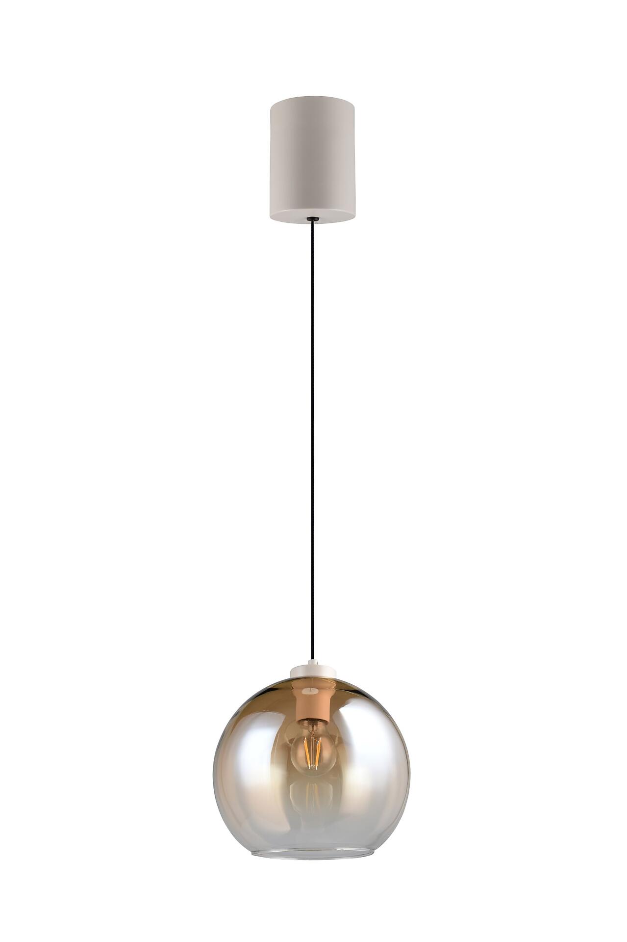 Pendelleuchte Liora aus transparent-rauchigem Glas mit Edison-Glühbirne, frontal und im Gegenlicht aufgenommen, um Form und Material hervorzuheben.