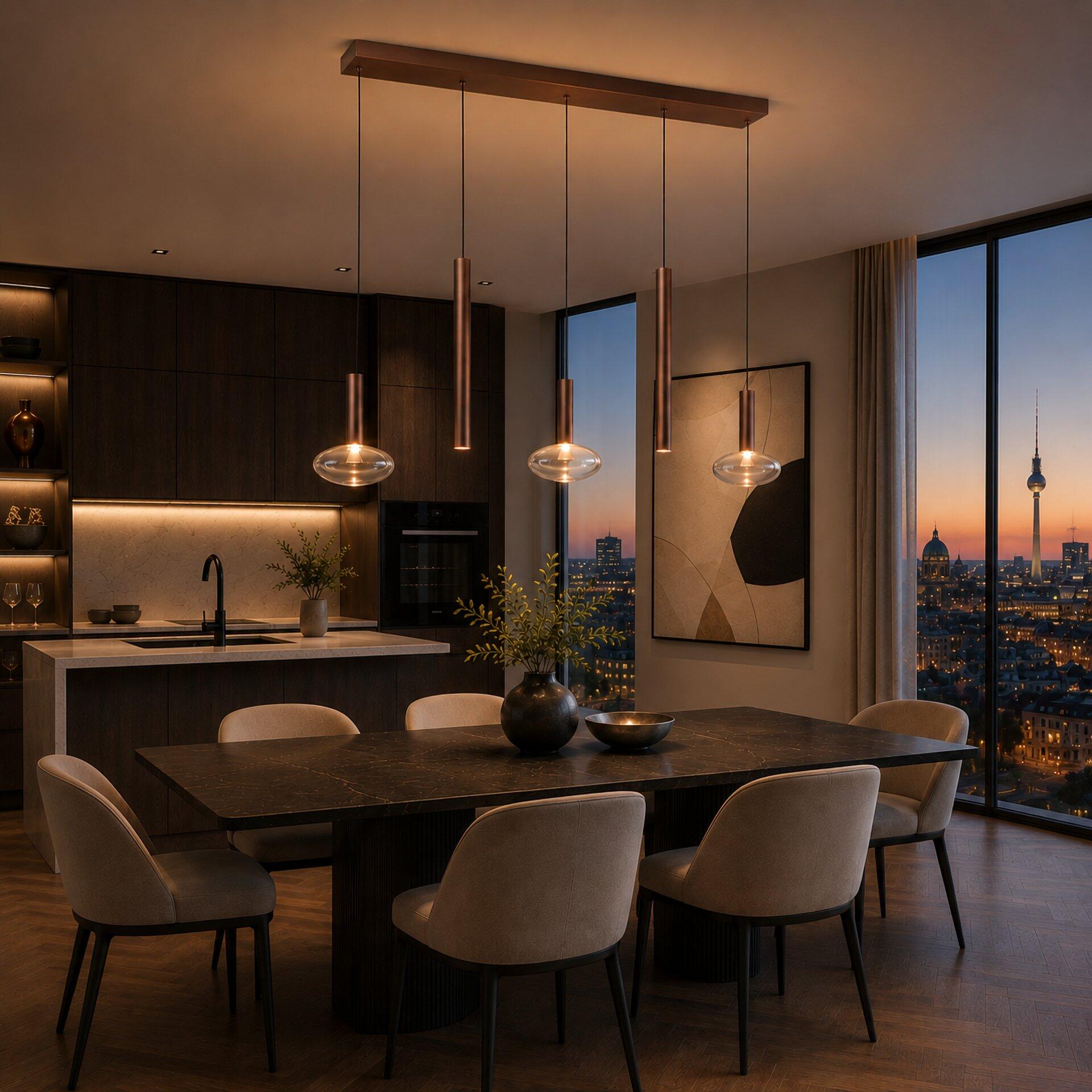 Pendelleuchte Veridian: Drei moderne Pendelleuchten mit schlanken Metallarmen bilden eine optische Achse über einem Esstisch in einem luxuriösen Interieur.