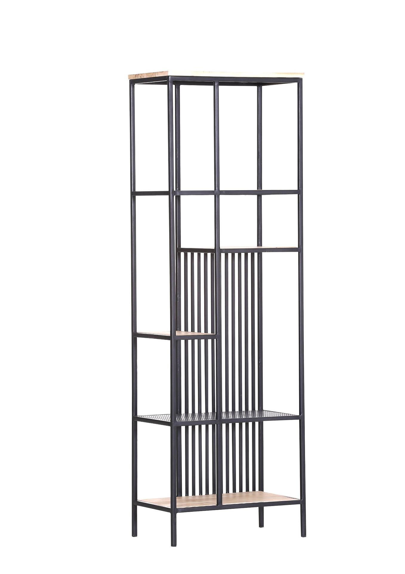 Freistehender Schuhschrank "Porto" mit schwarzem Metallrahmen, vertikalen Schuhablagen, zwei horizontalen Ablageflächen und einer Sitzbank.
