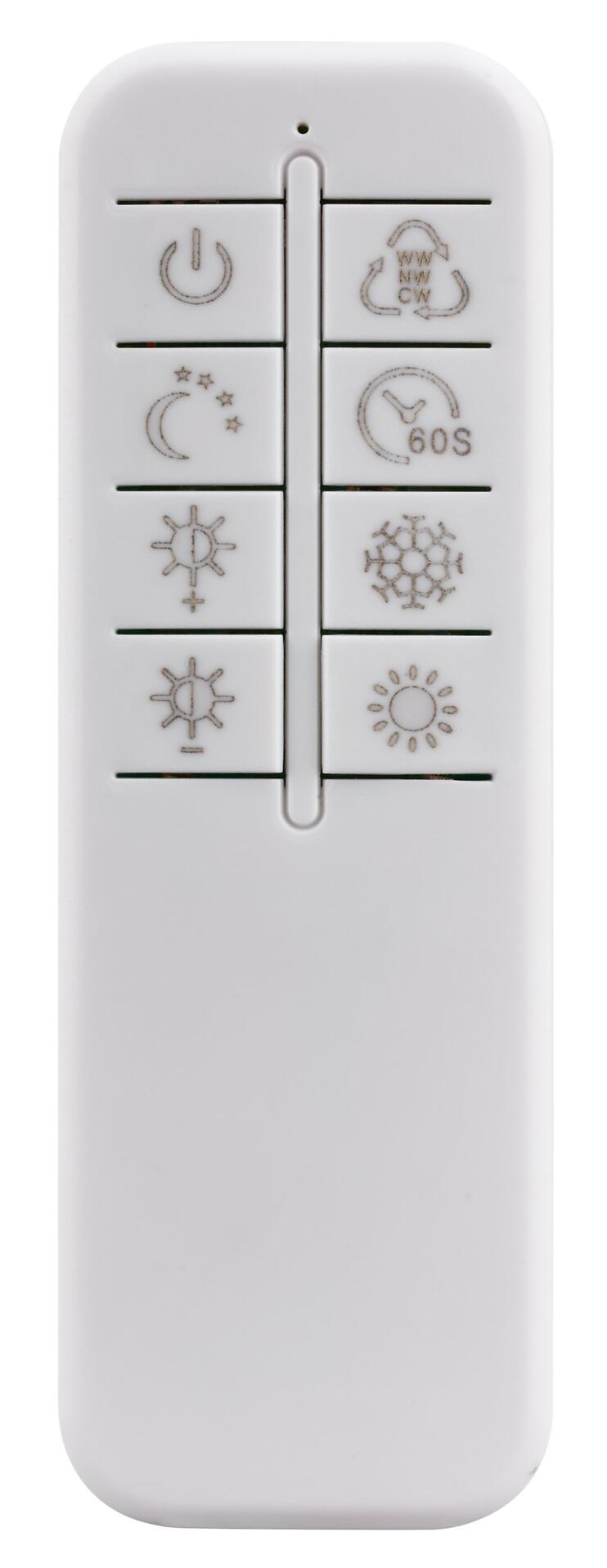 Fernbedienung der Deckenleuchte Cornice mit Symbolen für Power, Drehrichtung, Nachtmodus, Helligkeitsregelung und weiteren Funktionen.