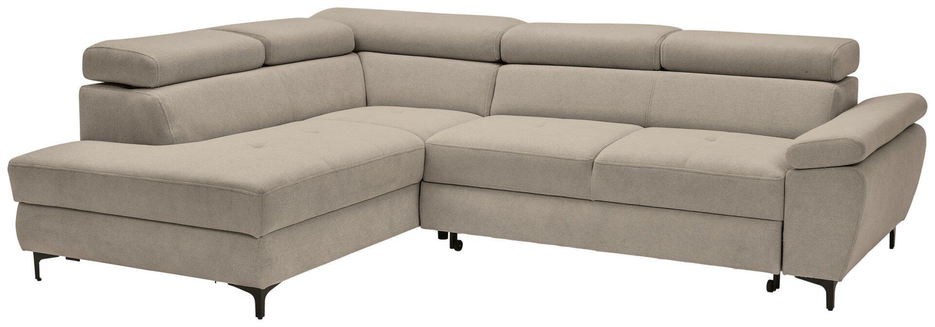 Ecksofa Combo in hellgrau mit abklappbarer Kopfstütze, verstellbaren Armteilen und integriertem Fußteil für eine Schlaffunktion, dargestellt aus Frontalperspektive mit schwarzen Metallfüßen.