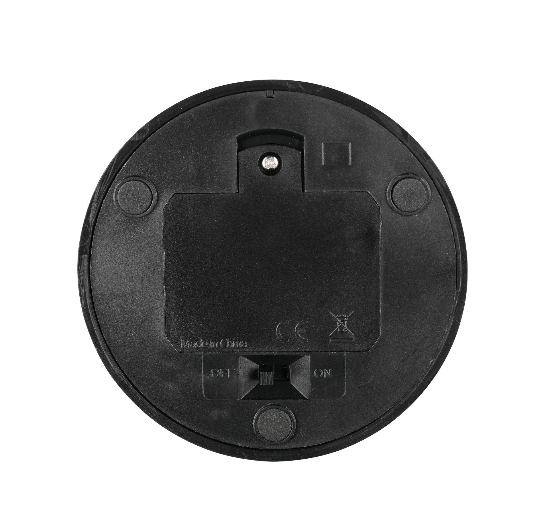Tischleuchte Martini, Detailaufnahme der Rückseite mit Schalter, CE-Kennzeichnung und Batterieabdeckung.