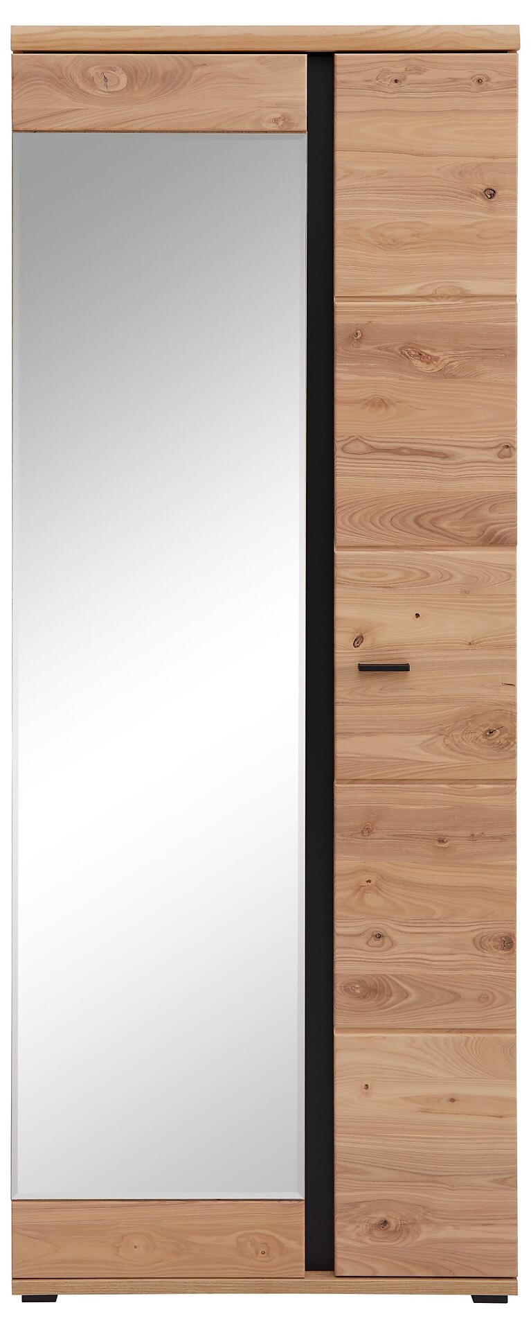 Garderobenschrank Sonos mit gebürsteter Altholzfront, Spiegeltür und ausziehbarer Kleiderstange im Inneren.