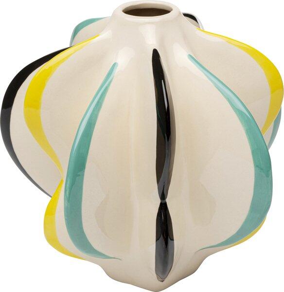 Vase Harlequin: Handbemalte Porzellanvase mit spiralförmigen, kontrastierenden Linien in Gelb, Grün und Schwarz.