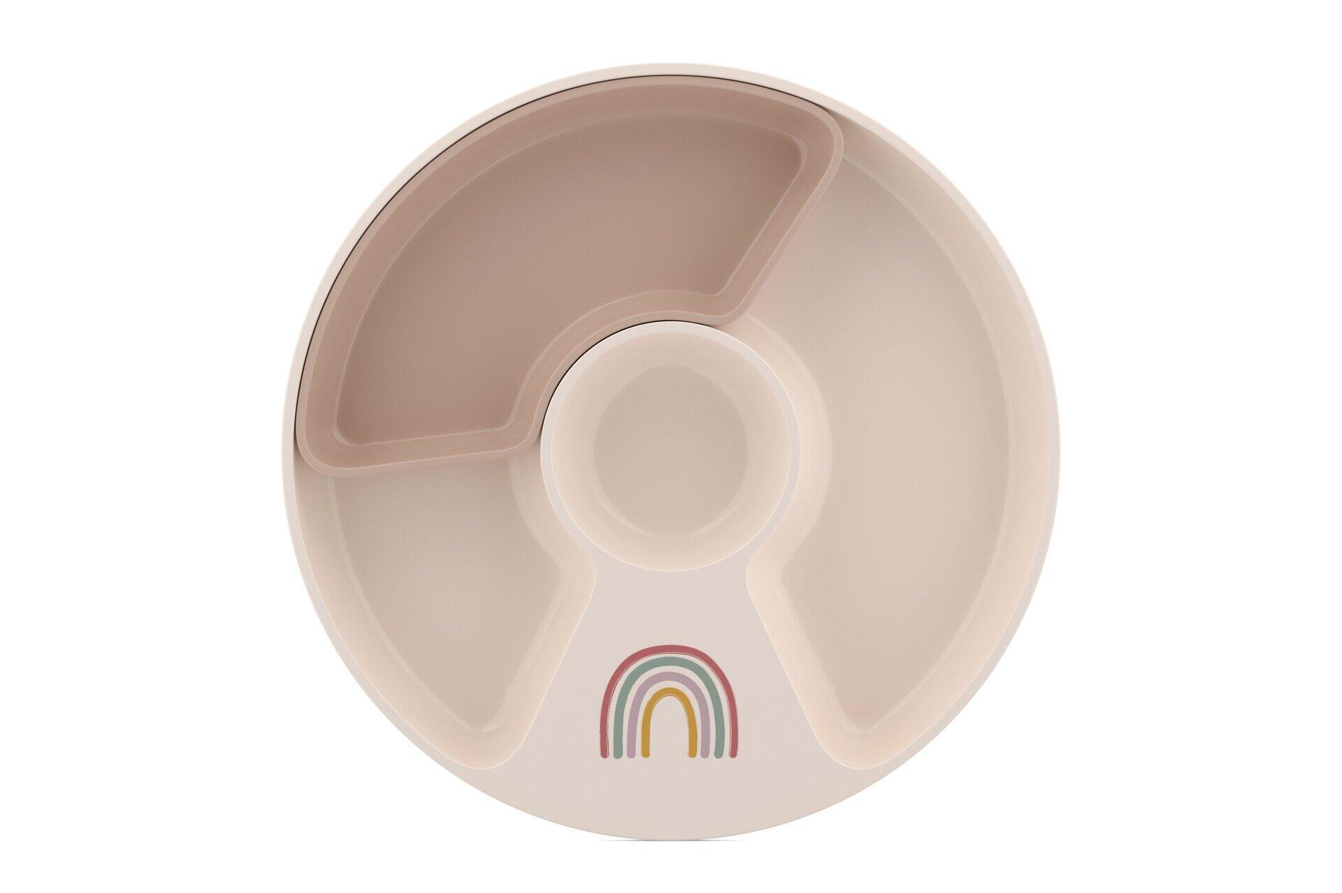 Beiger Baby-Teller "Mio" mit drei Unterteilungen und Regenbogen-Logo, Vogelperspektive.