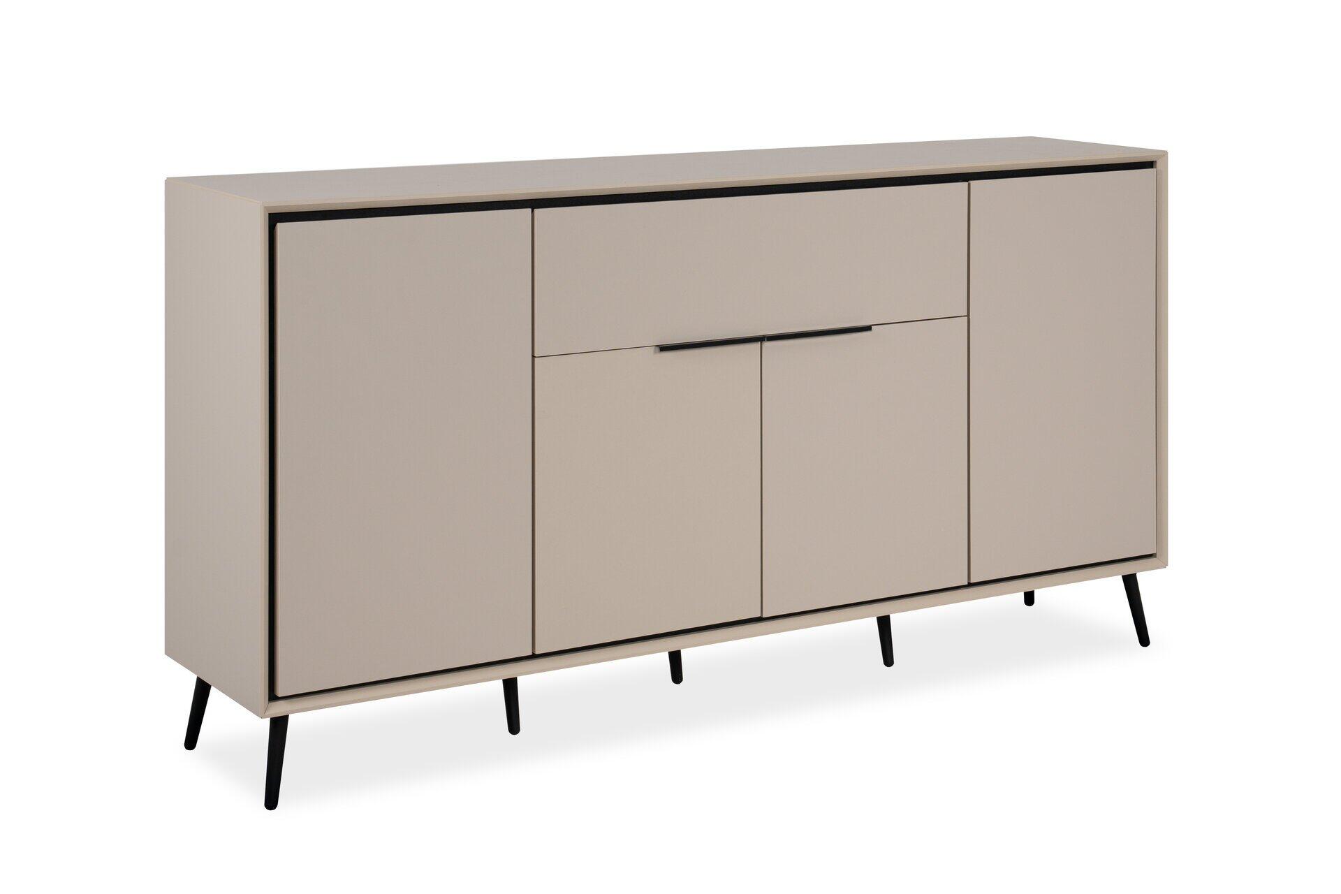 Hohes Sideboard Arona 51B mit drei Türen, einer Schublade, schwarzen Griffen und einem schmalen schwarzen Rahmen, fotografiert aus Frontalperspektive.