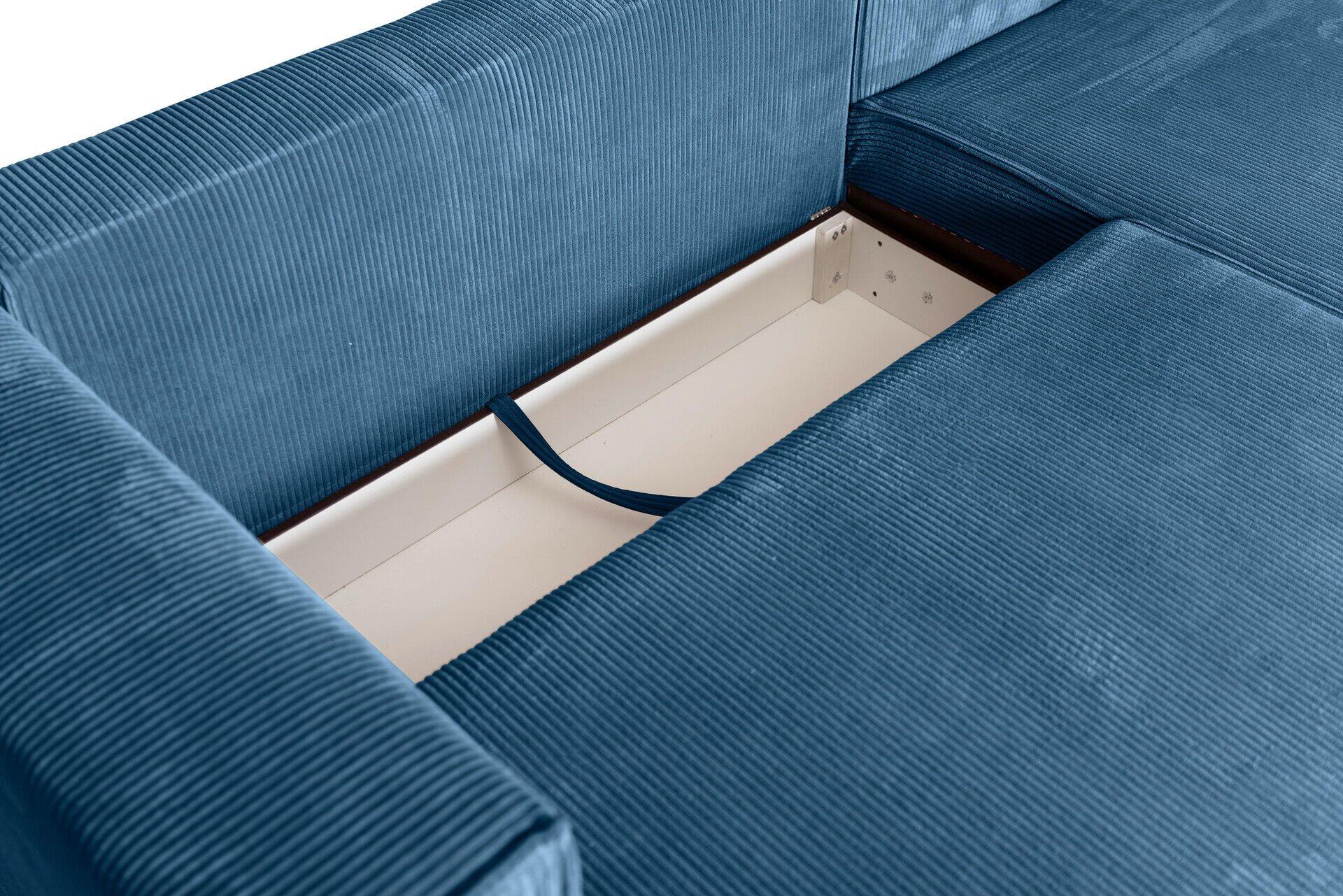 Detailaufnahme des Ecksofas Mango: Ein offenes, rechteckiges Fach mit dunkelblauem Gurtband und Holzrahmen bietet praktischen Stauraum.