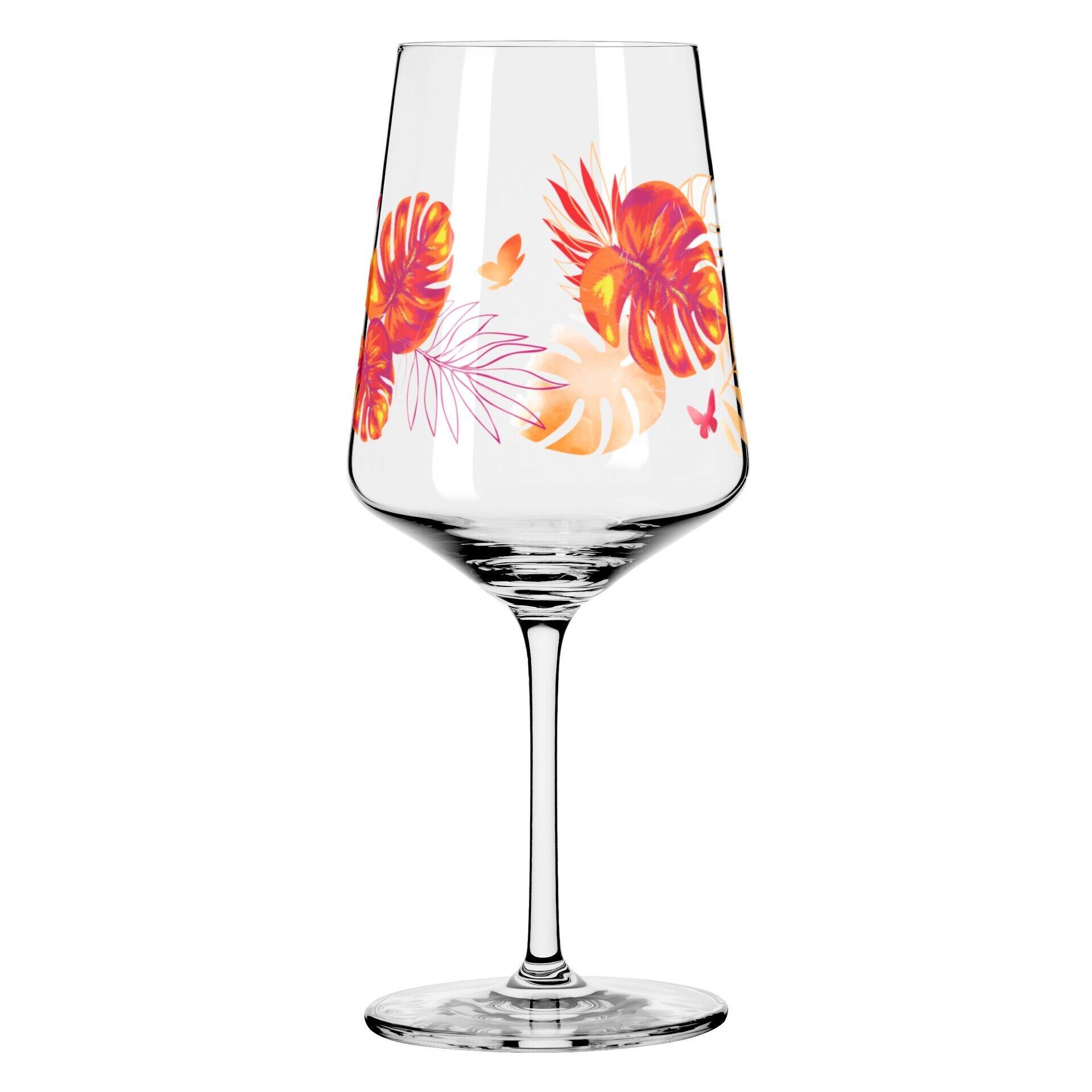 Aperitifglas-Set mit floralem Dekor aus Blättern und Schmetterlingen, dargestellt in einer Frontalansicht.